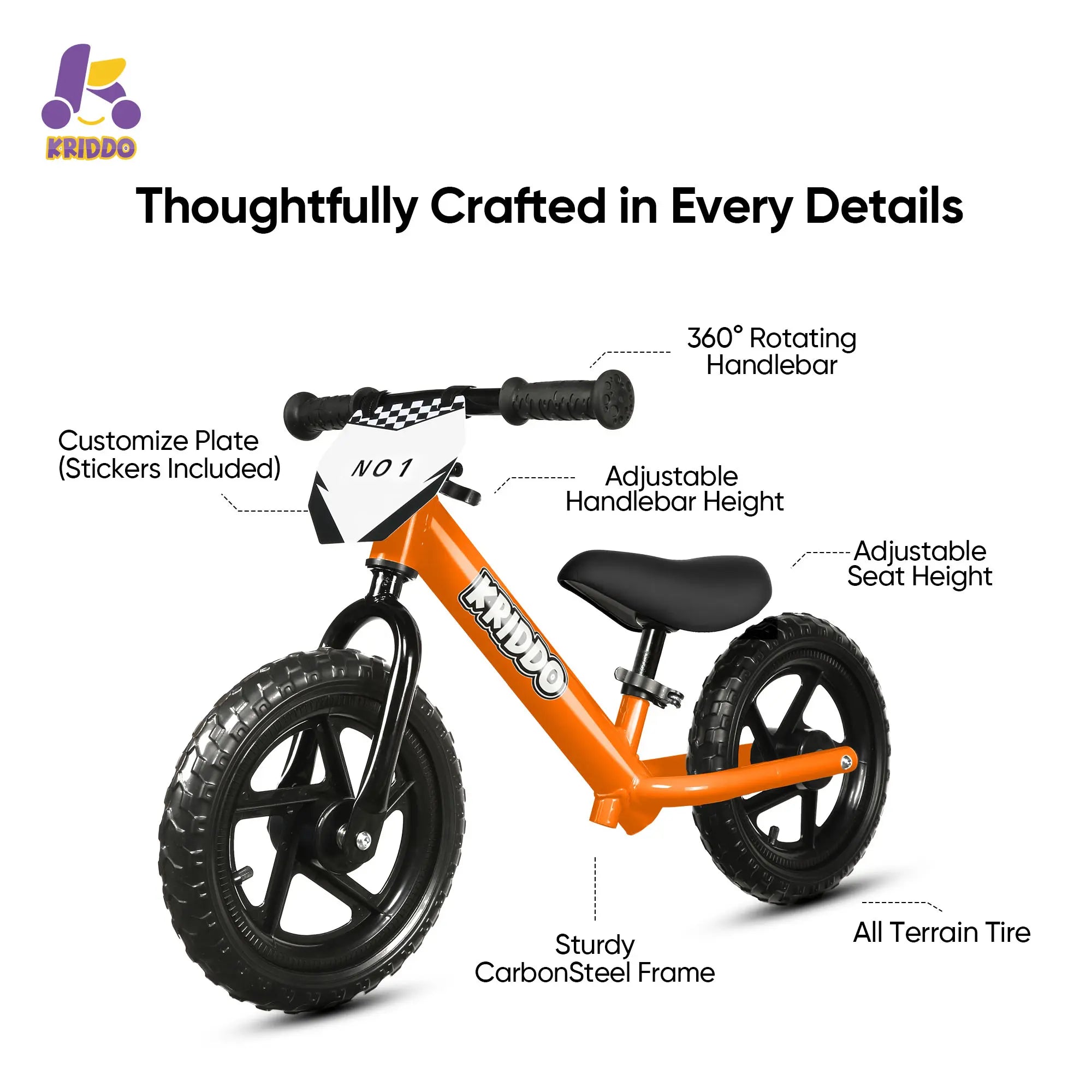 KRIDDO Classic Toddler Balance Bike with Customizable Plate for Ages 2 to 5 Years Orange