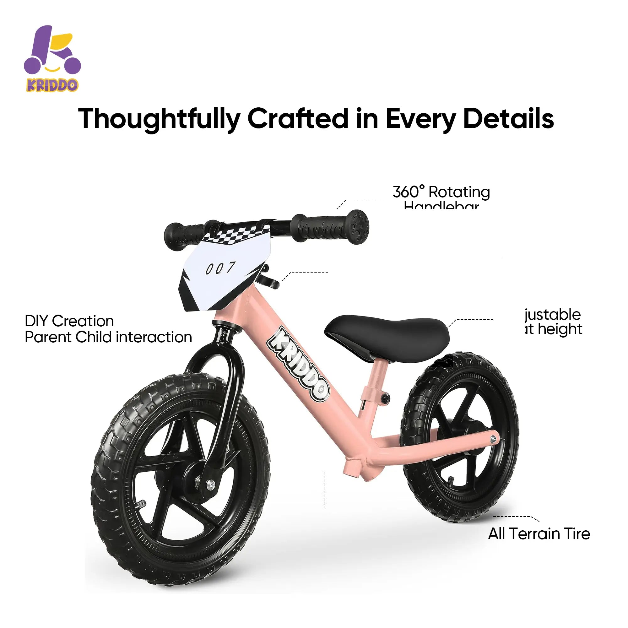 KRIDDO Toddler 12 Inch Balance Bike with Customizable Plate for Ages 2 to 5 Years Pink