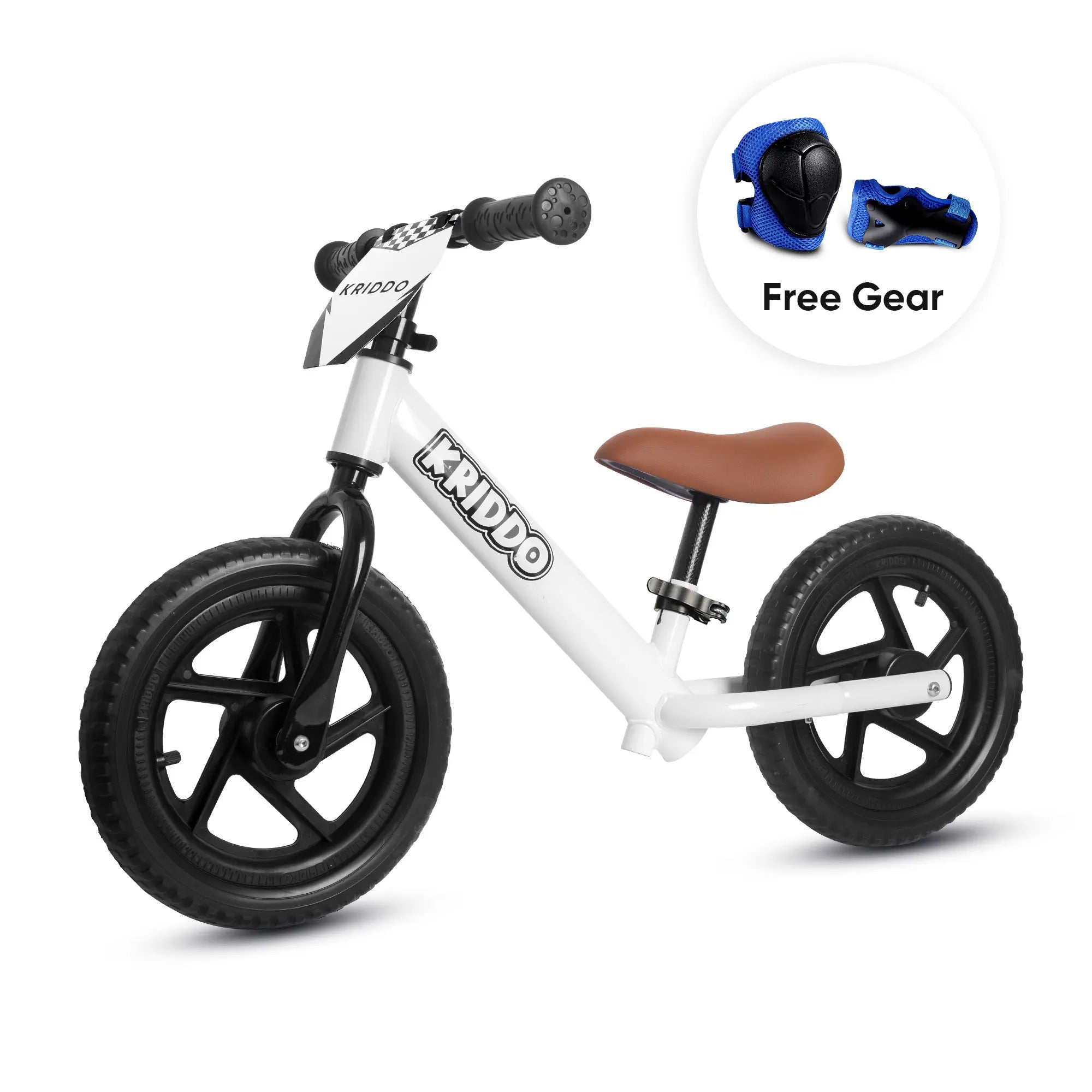 KRIDDO 12 Inch Toddler Balance Bike with Custom Name Plate for Ages 2–5 White, Includes Free Protective Gear Set