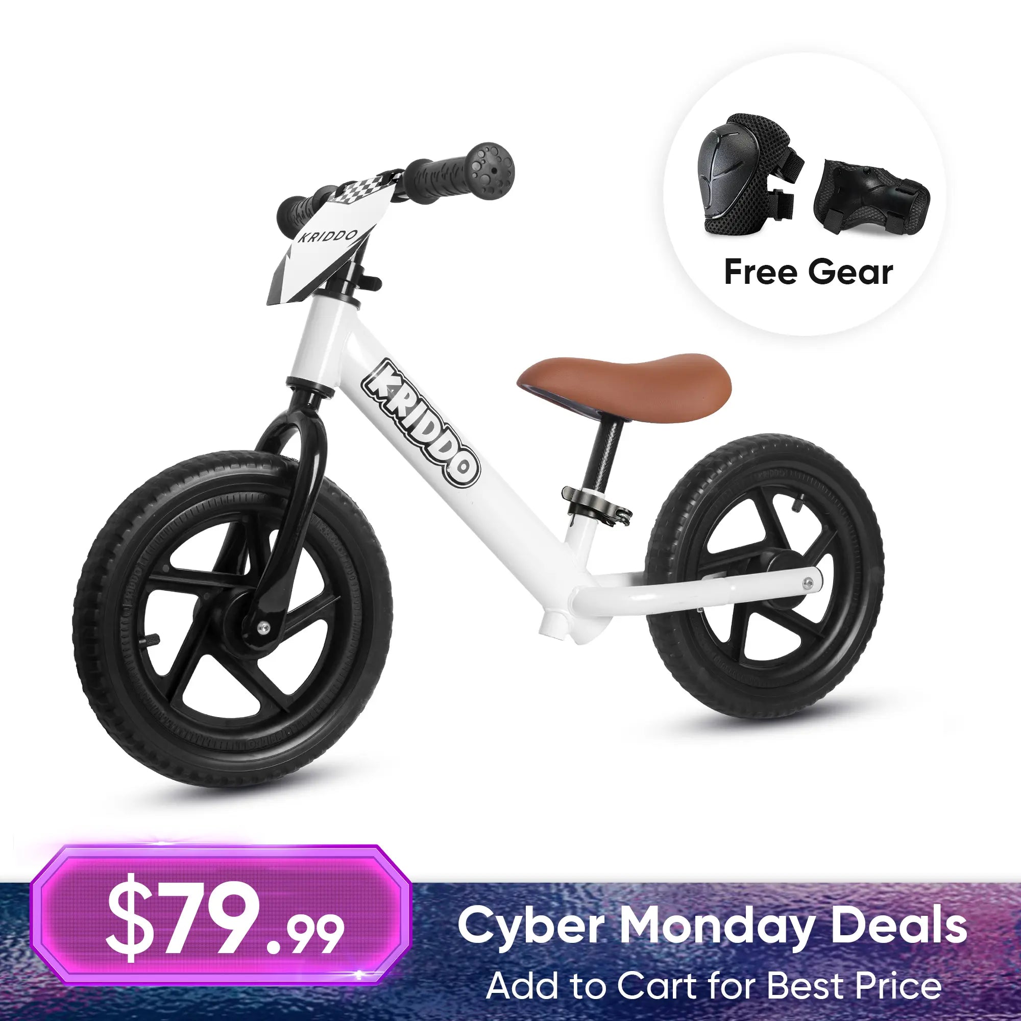 KRIDDO 12 Inch Toddler Balance Bike with Custom Name Plate for Ages 2–5 White, Includes Free Protective Gear Set
