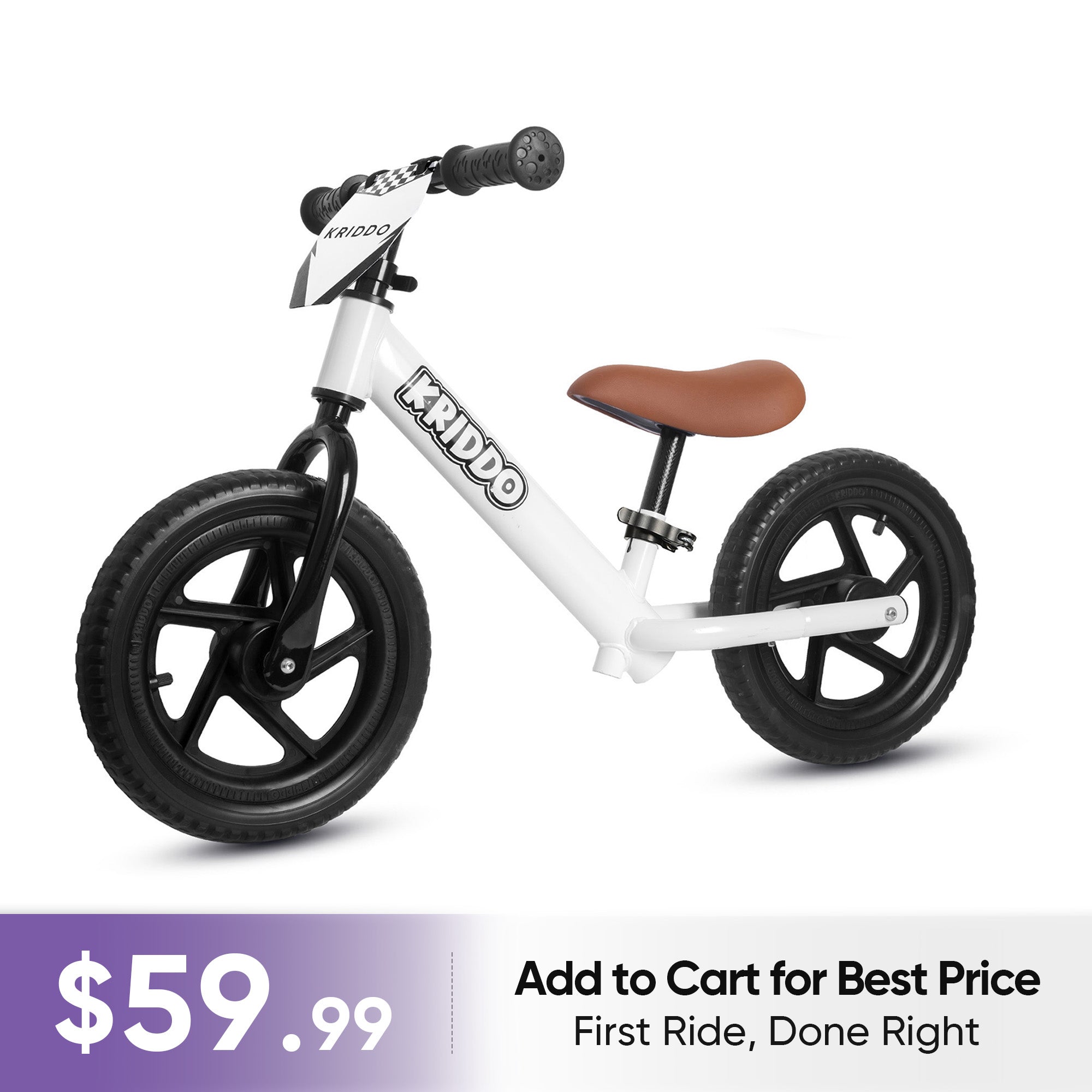 KRIDDO 12 Inch Toddler Balance Bike with Custom Name Plate for Ages 2–5 White