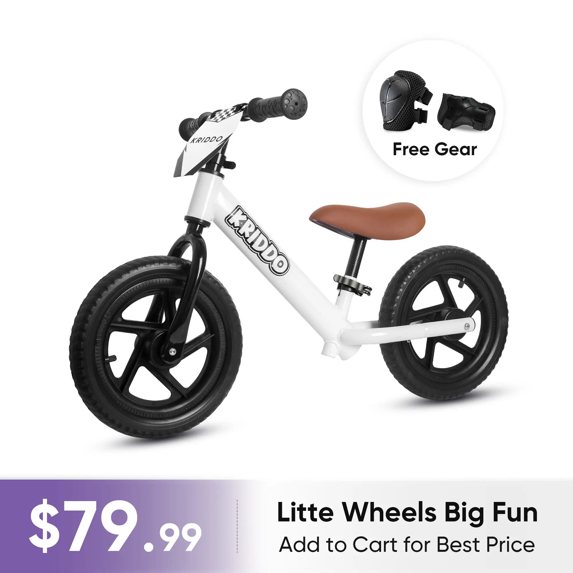 KRIDDO 12 Inch Toddler Balance Bike with Custom Name Plate for Ages 2–5 White, Includes Free Protective Gear Set