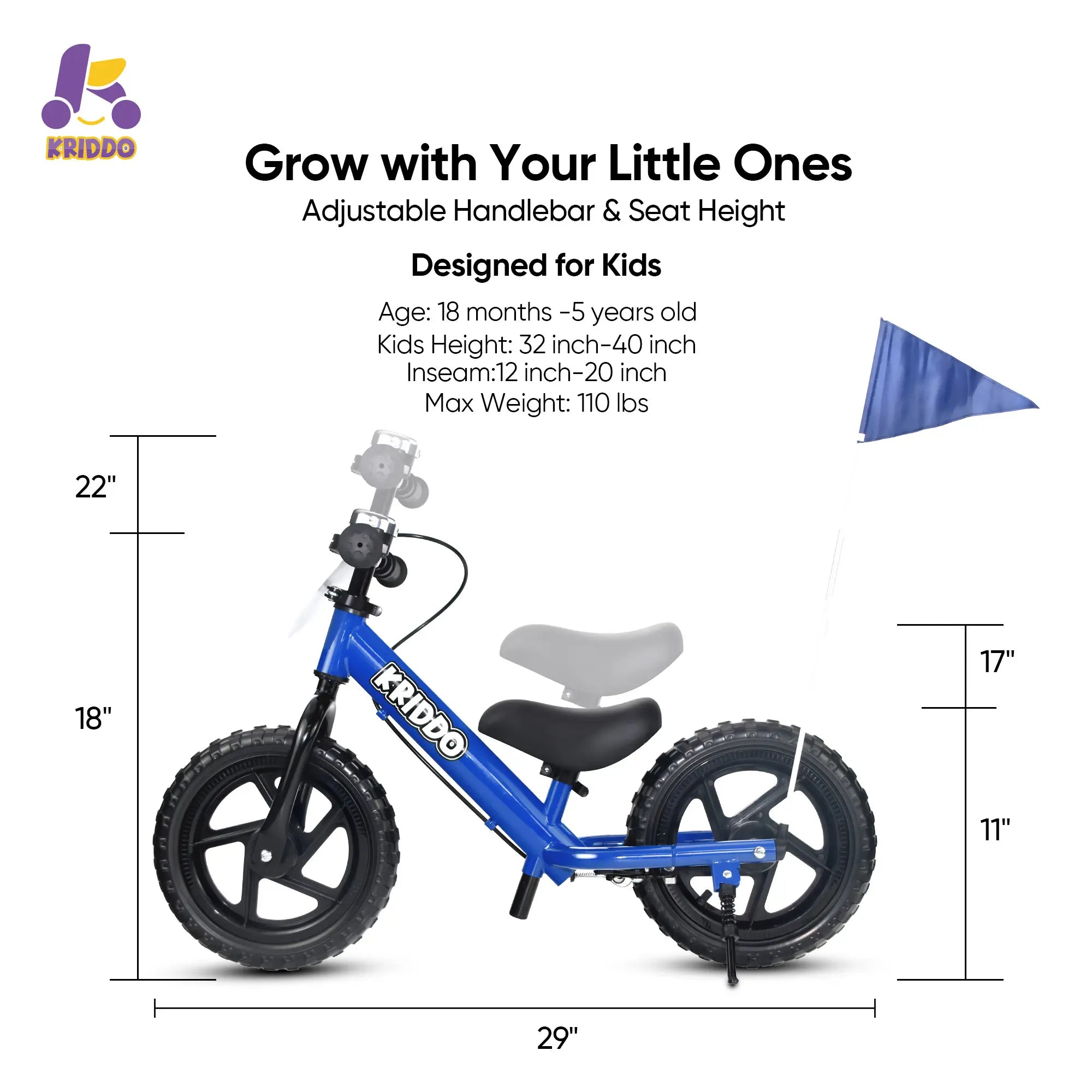 KRIDDO Toddler Balance Bike with Brake and Flag for 2 to 5 Years Old Blue