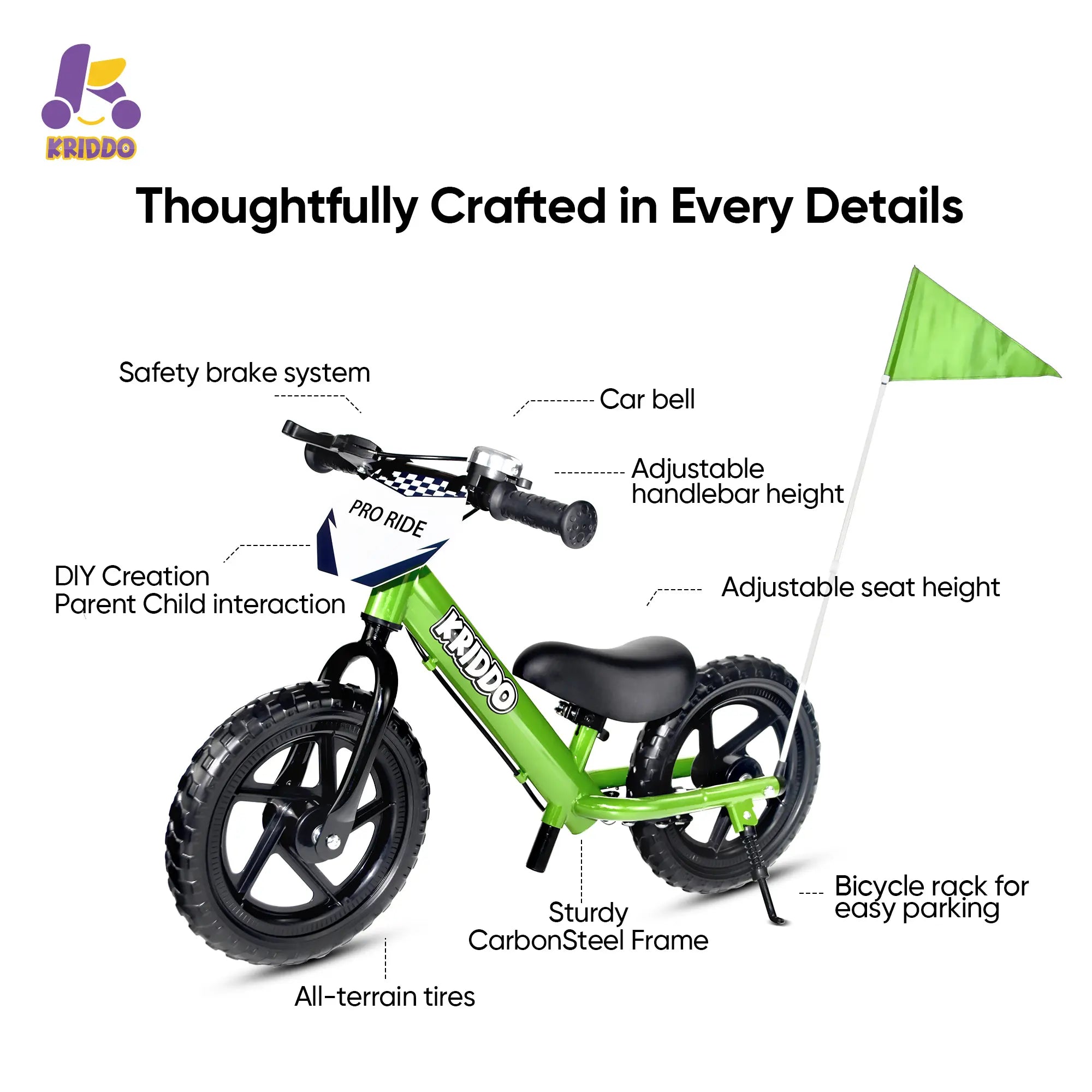 KRIDDO green balance bike with brakes features