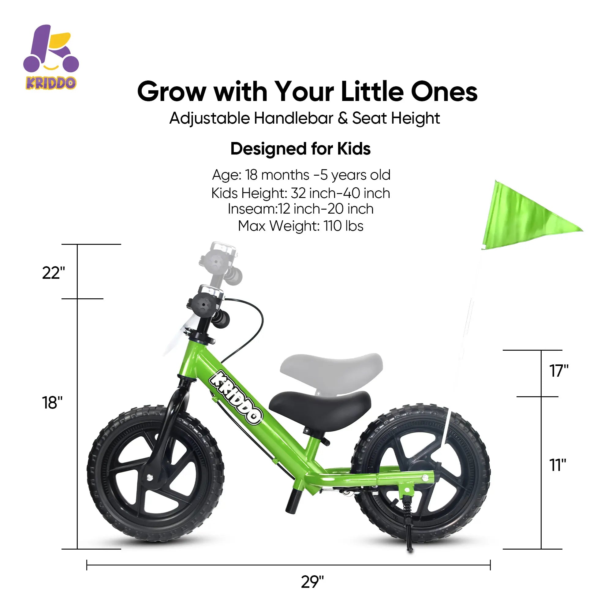 KRIDDO Toddler Balance Bike with Brake and Flag for 2 to 5 Years Old Green