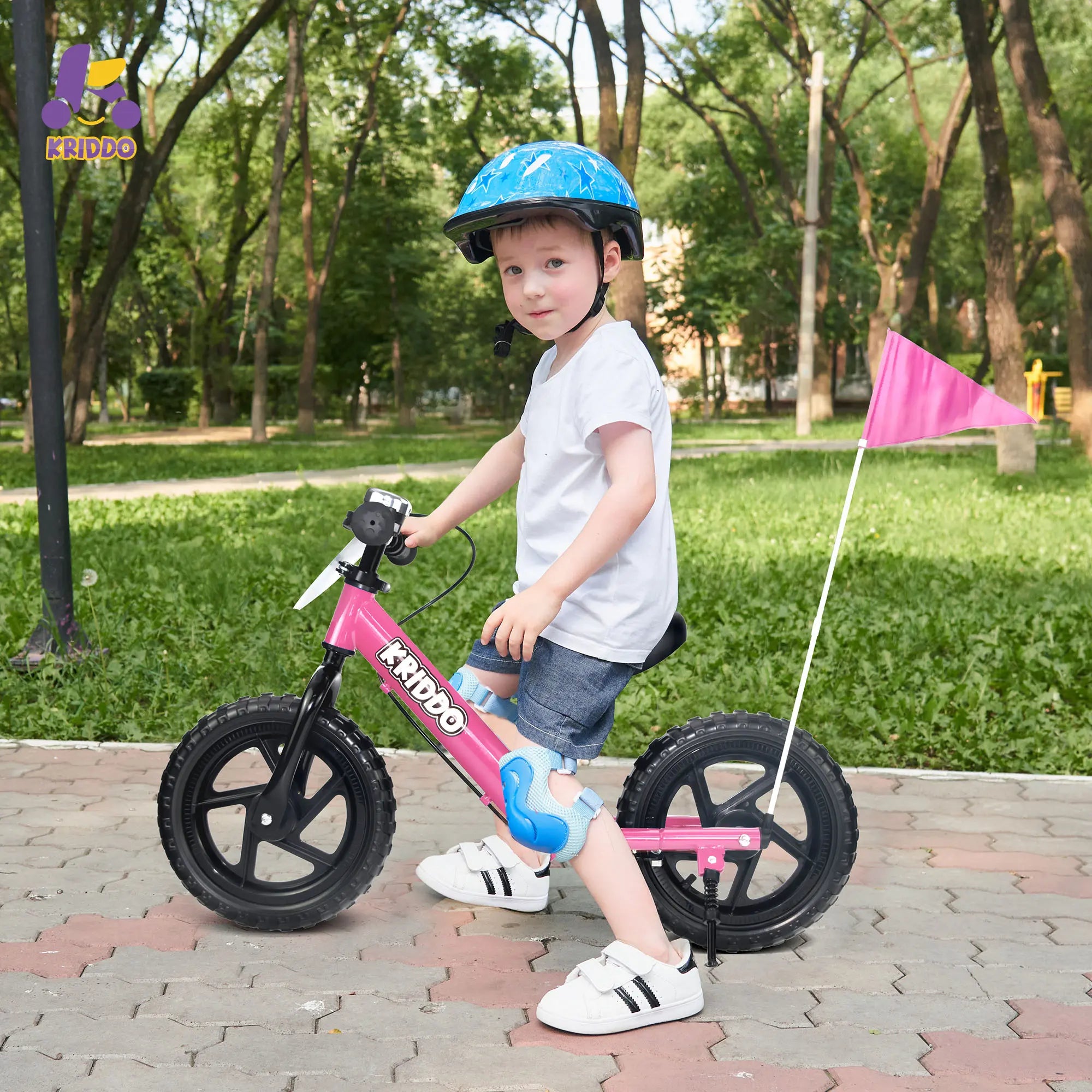 KRIDDO Toddler Balance Bike with Brake and Flag for 2 to 5 Years Old Pink