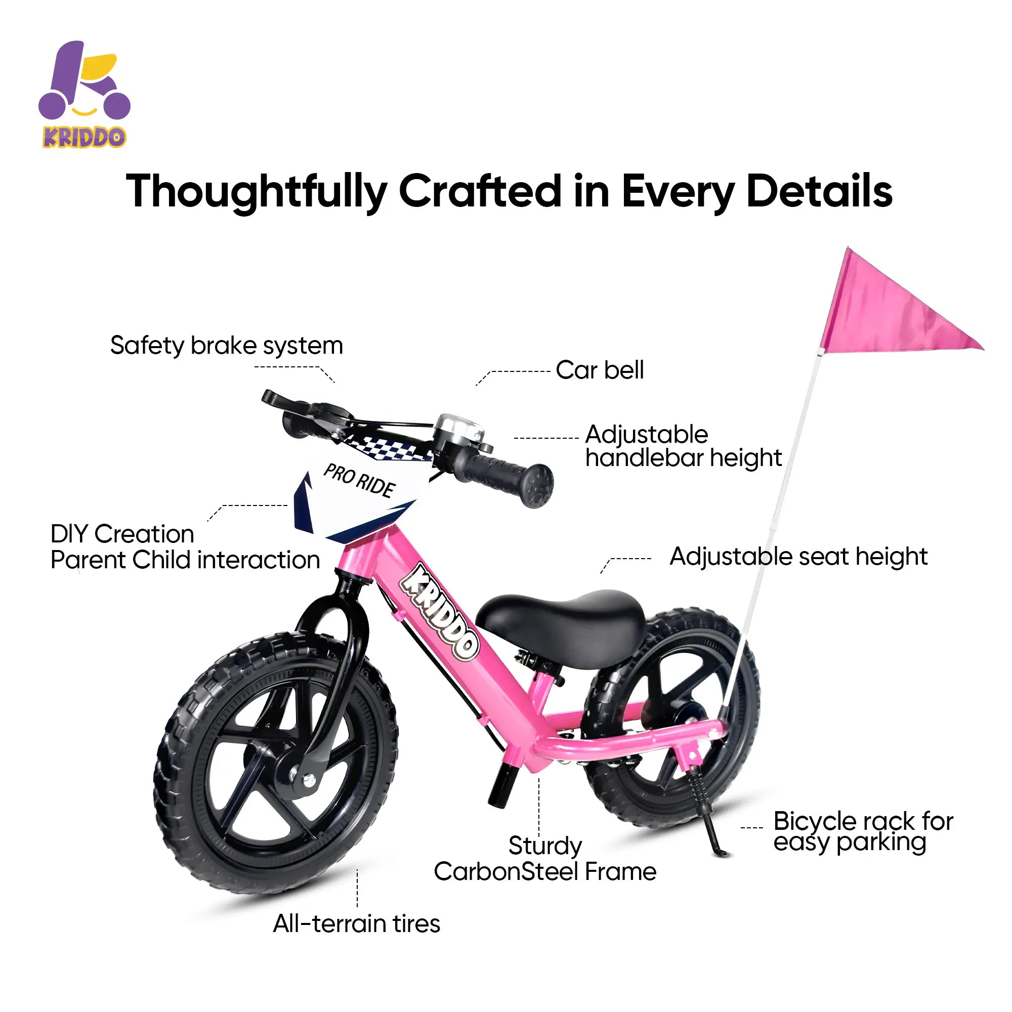 KRIDDO Toddler Balance Bike with Brake and Flag for 2 to 5 Years Old Pink