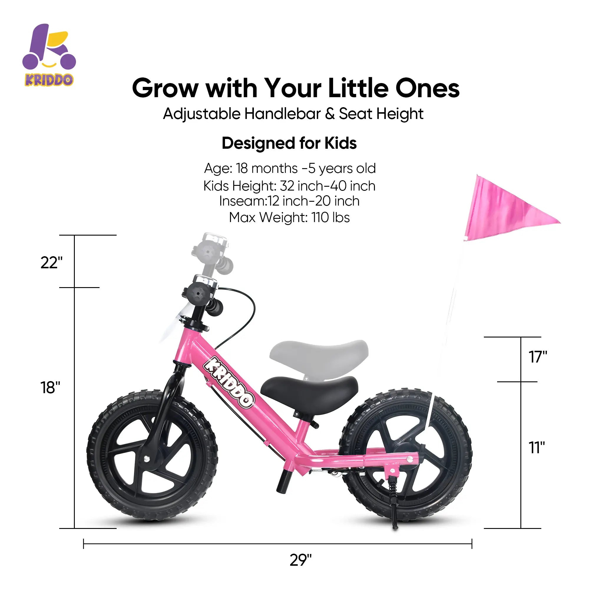KRIDDO Toddler Balance Bike with Brake and Flag for 2 to 5 Years Old Pink