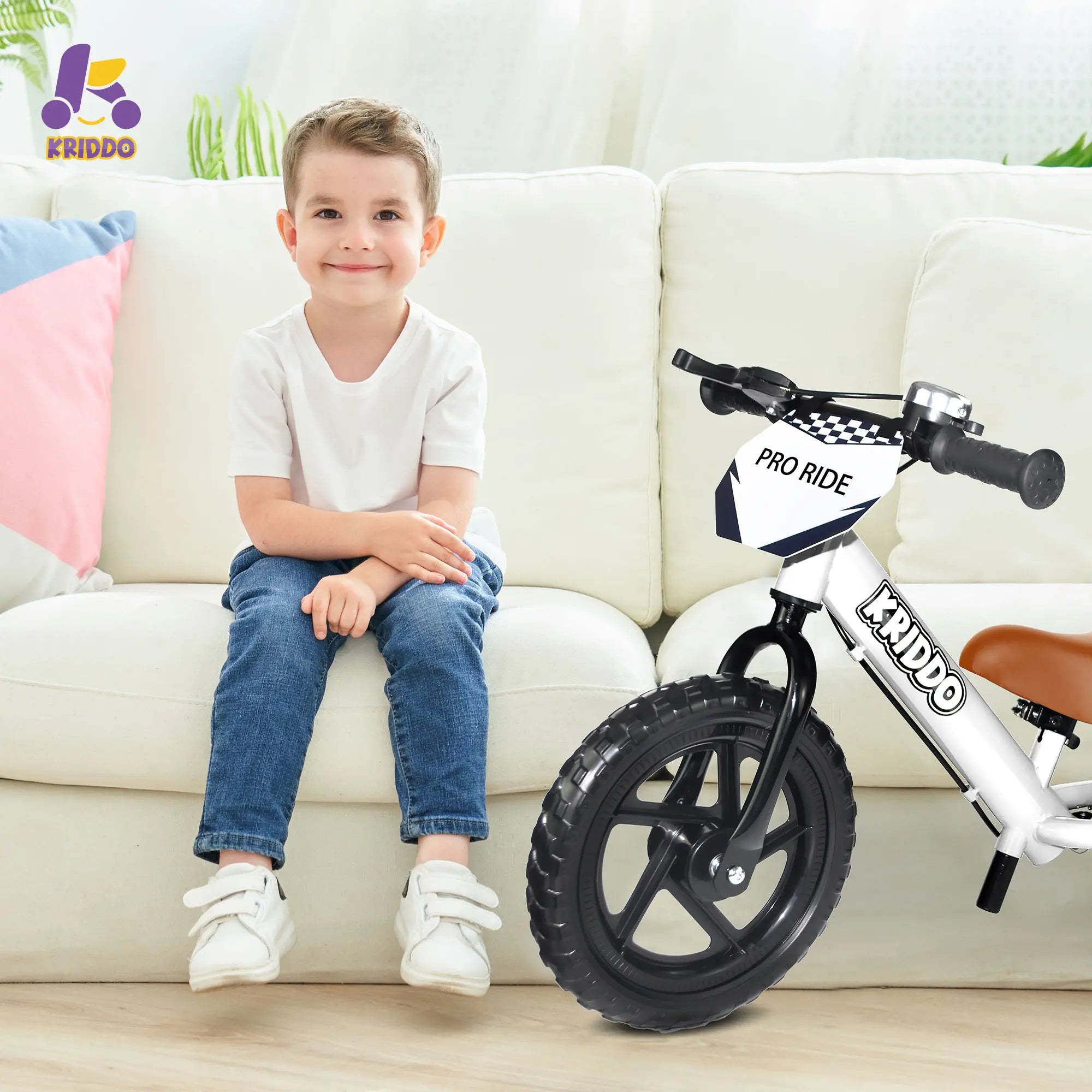 KRIDDO Toddler Balance Bike with Brake and Flag for 2 to 5 Years Old White