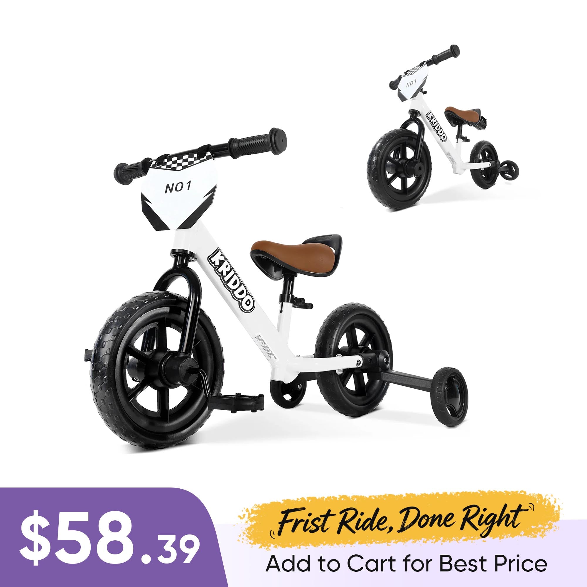 KRIDDO Convertible Balance Bike with Training Wheels for Ages 18 Months to 3 Years White