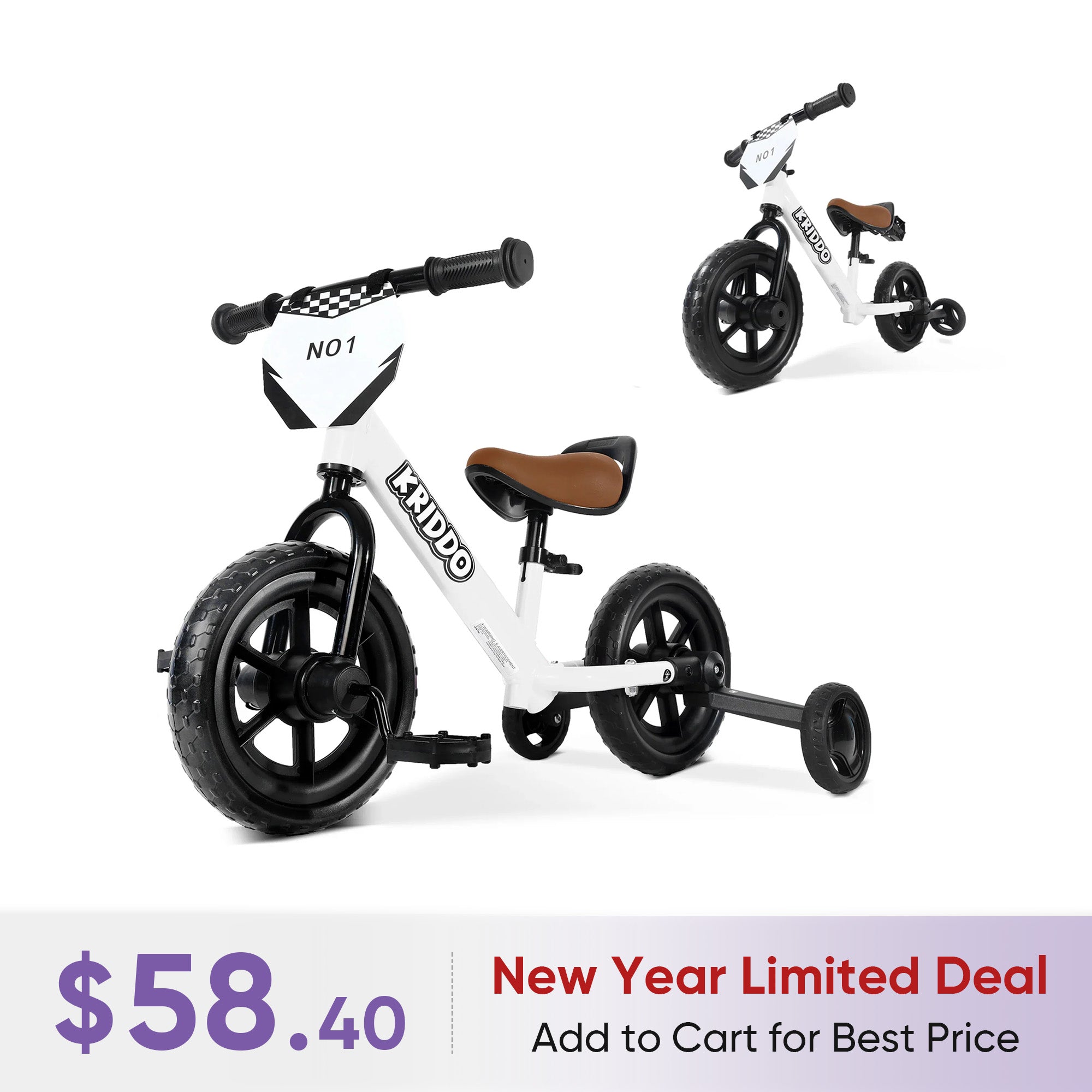 KRIDDO Convertible Balance Bike with Training Wheels for Ages 18 Months to 3 Years White