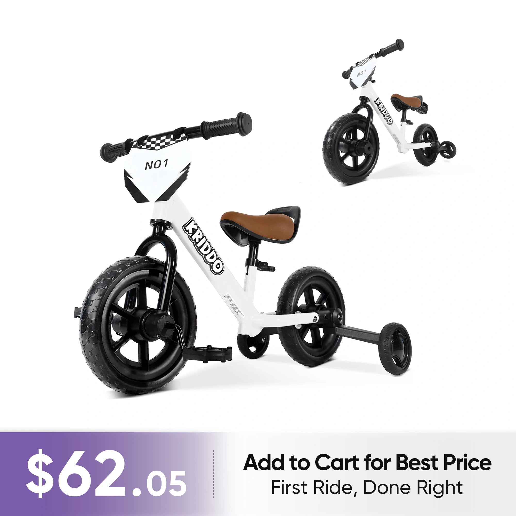 KRIDDO Convertible Balance Bike with Training Wheels for Ages 18 Months to 3 Years White