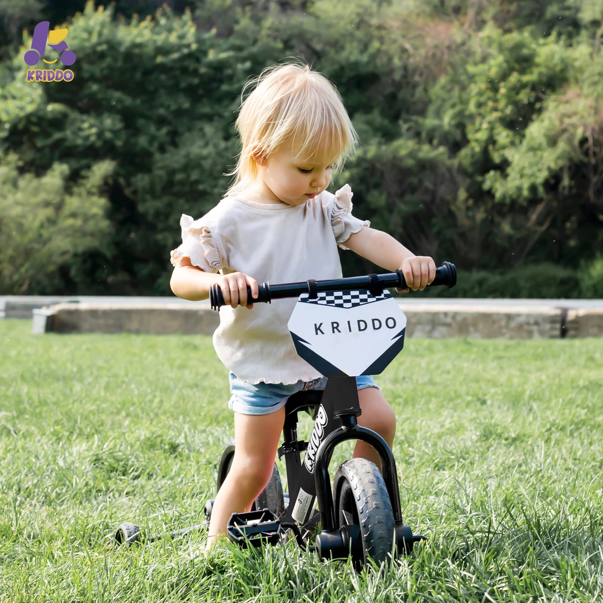 KRIDDO Pedal-Assist Toddler Bike with Training Wheels for Ages 18 Months to 3 Years Black