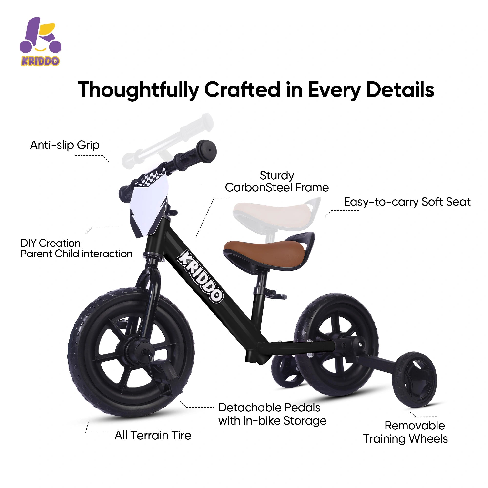 KRIDDO Pedal-Assist Toddler Bike with Training Wheels for Ages 18 Months to 3 Years Black