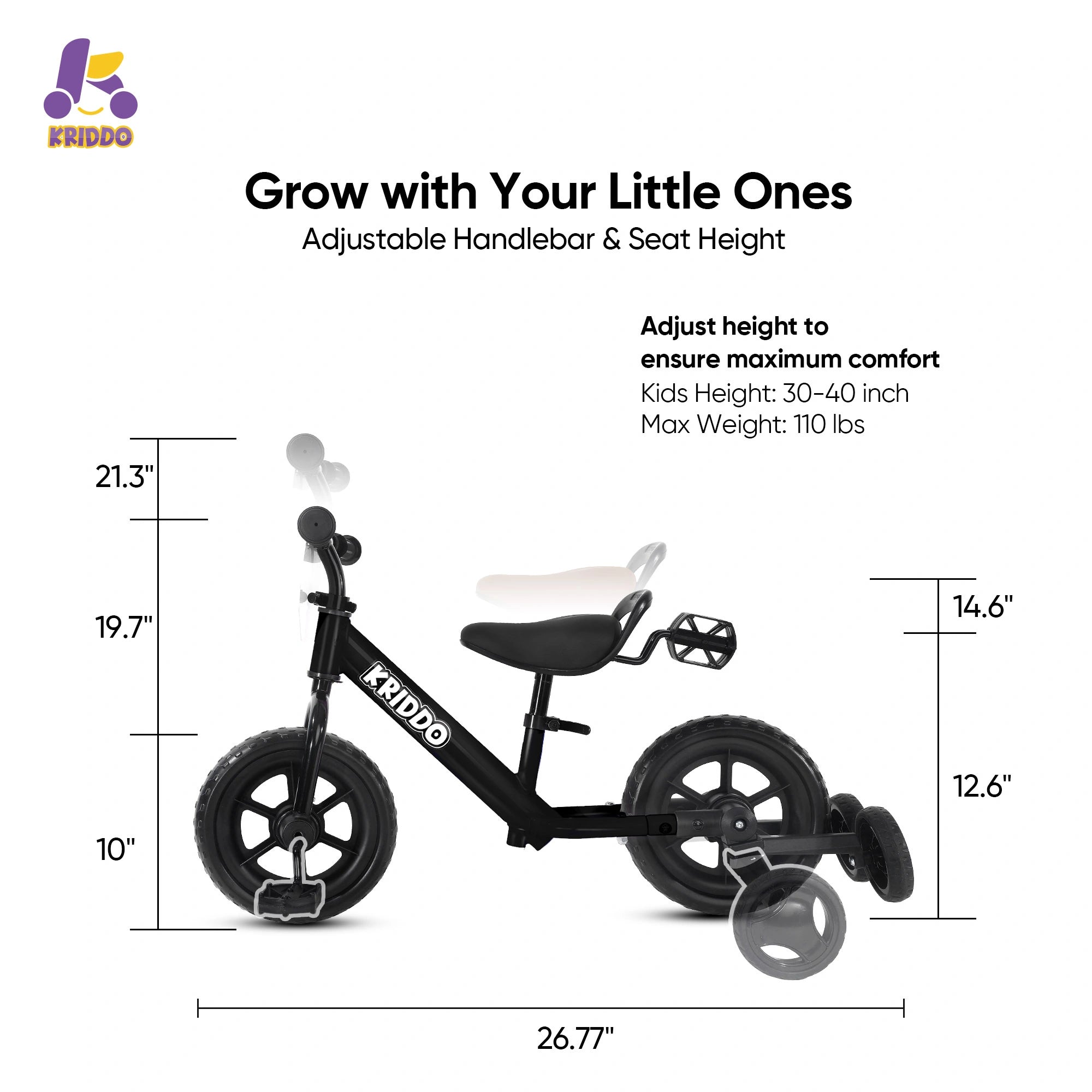 KRIDDO Pedal-Assist Toddler Bike with Training Wheels for Ages 18 Months to 3 Years Black