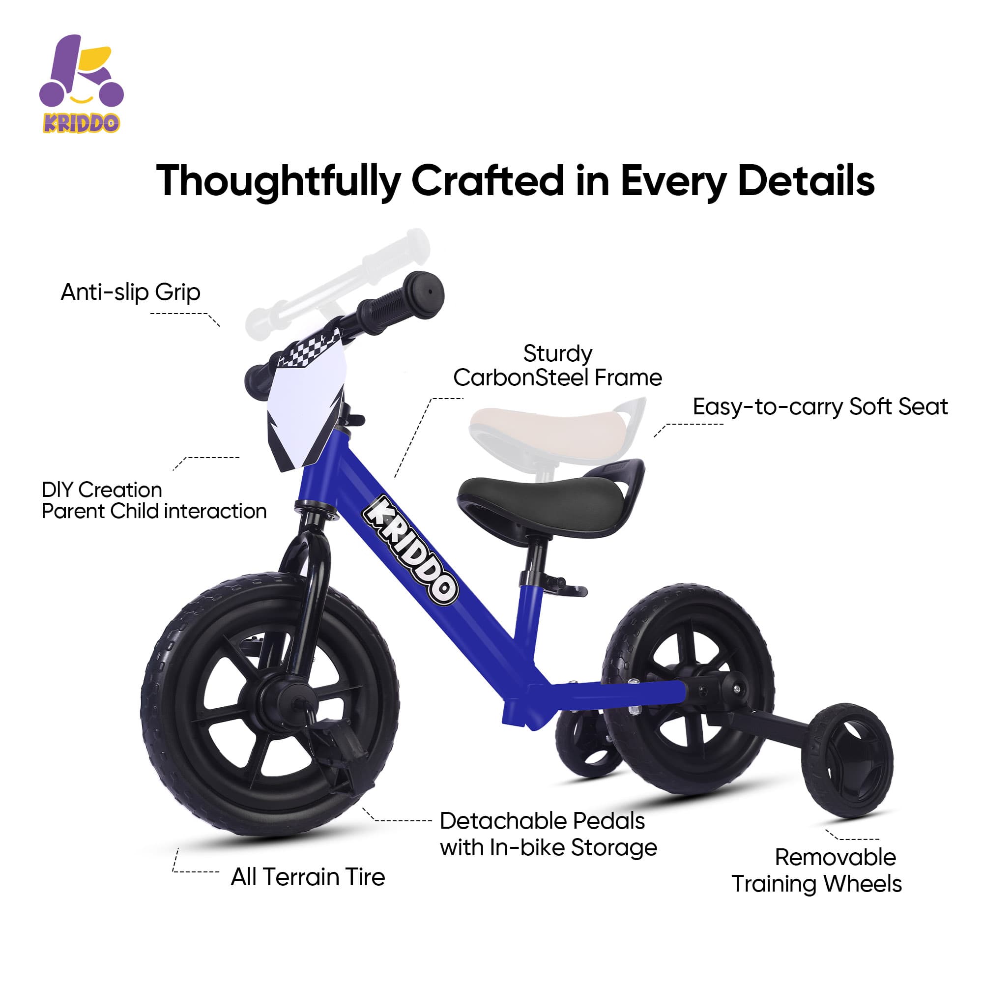 KRIDDO Pedal-Assist Toddler Bike with Training Wheels for Ages 18 Months to 3 Years Blue