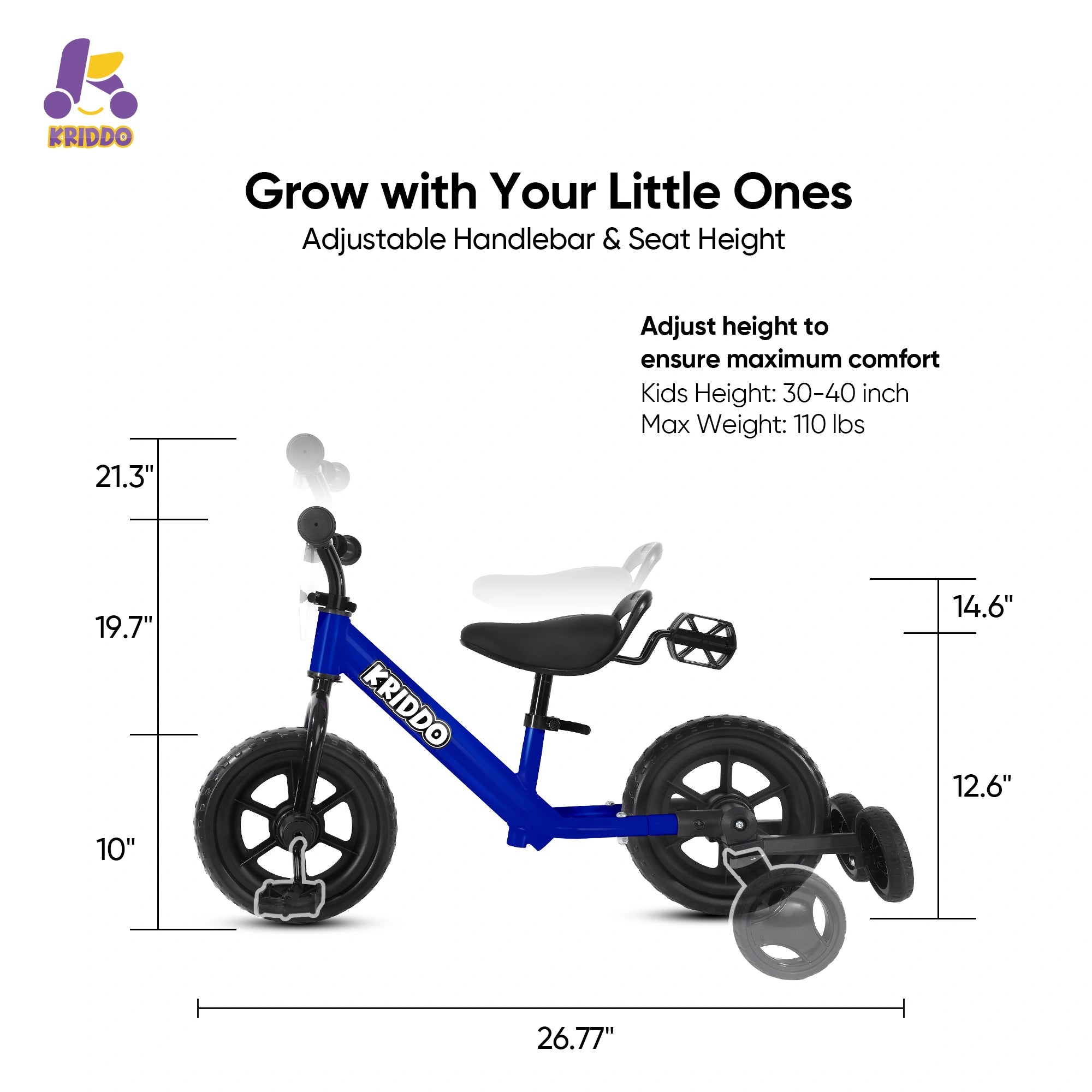 KRIDDO convertible balance bike with adjustable handlebar and seat height features