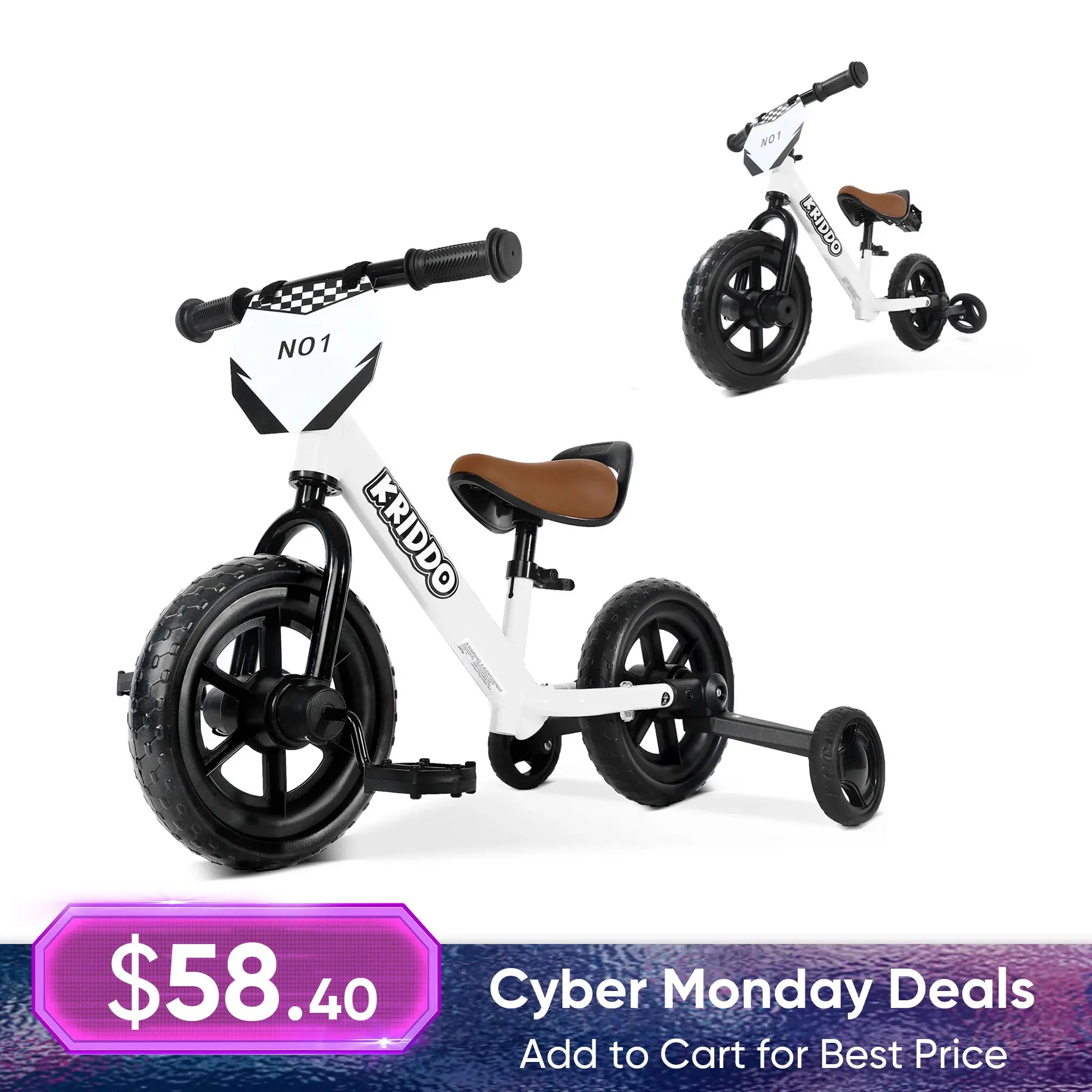 KRIDDO Convertible Balance Bike with Training Wheels for Ages 18 Months to 3 Years White
