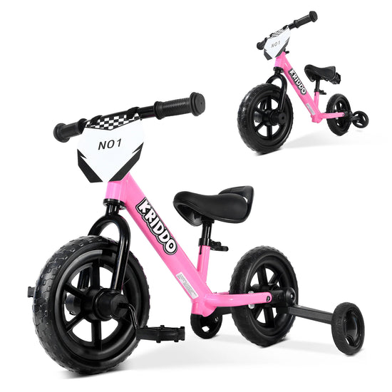 KRIDDO Convertible Balance Bike with Training Wheels for Ages 18 Months to 3 Years Pink