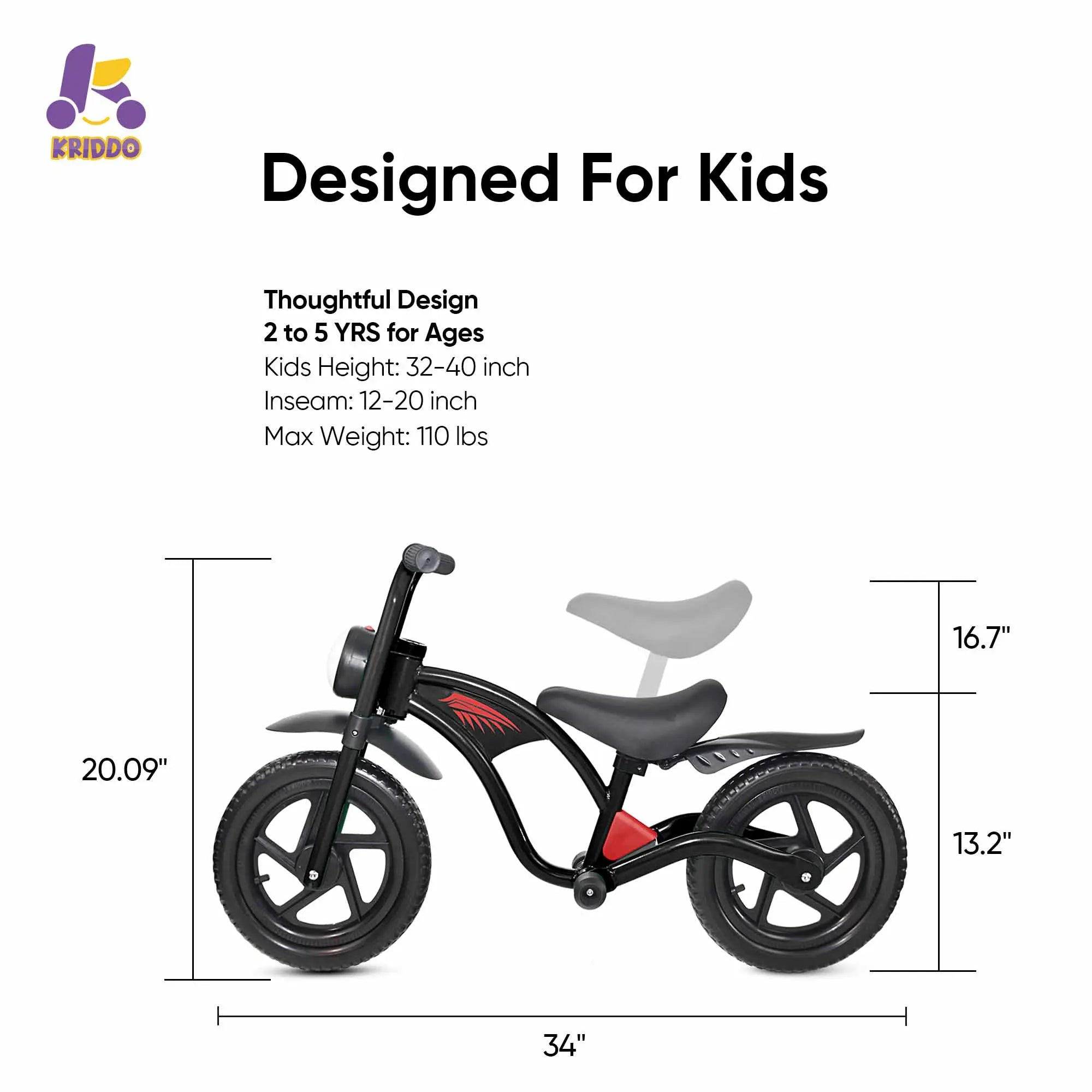 KRIDDO Kids Balance Bike with Headlight and Adjustable Seat for 2 to 5 Years Old Black