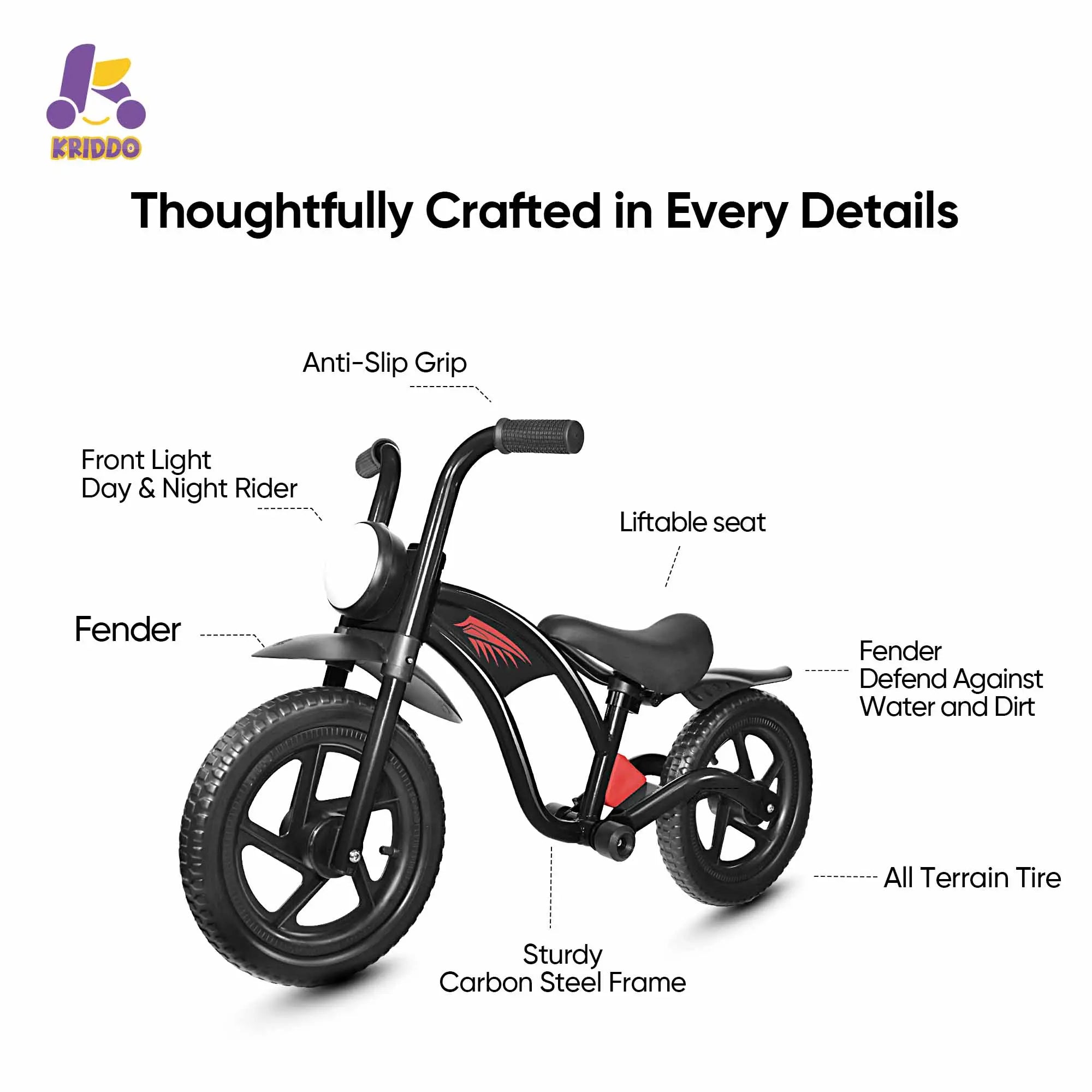 KRIDDO Kids Balance Bike with Headlight and Adjustable Seat for 2 to 5 Years Old Black
