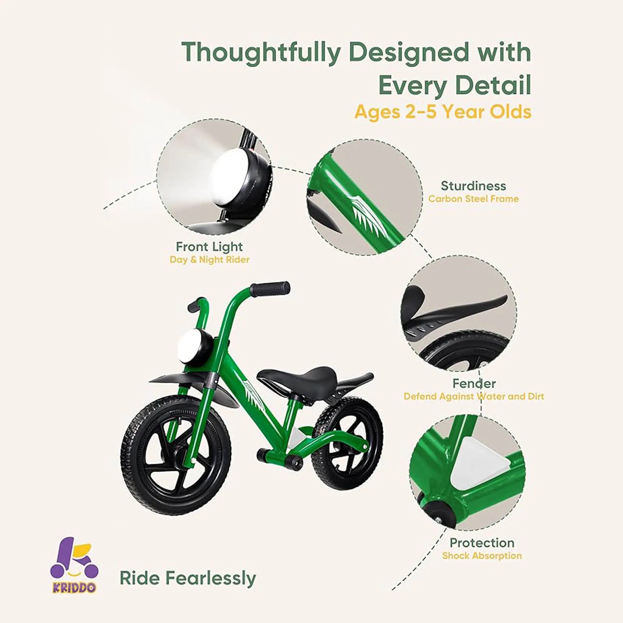 KRIDDO Toddler Balance Bike with Front Light and Adjustable Seat for 2 to 5 Years Old Green