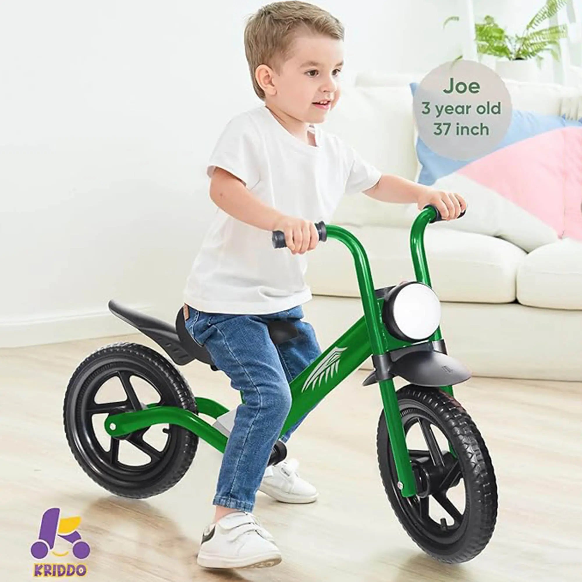 KRIDDO Toddler Balance Bike with Front Light and Adjustable Seat for 2 to 5 Years Old Green