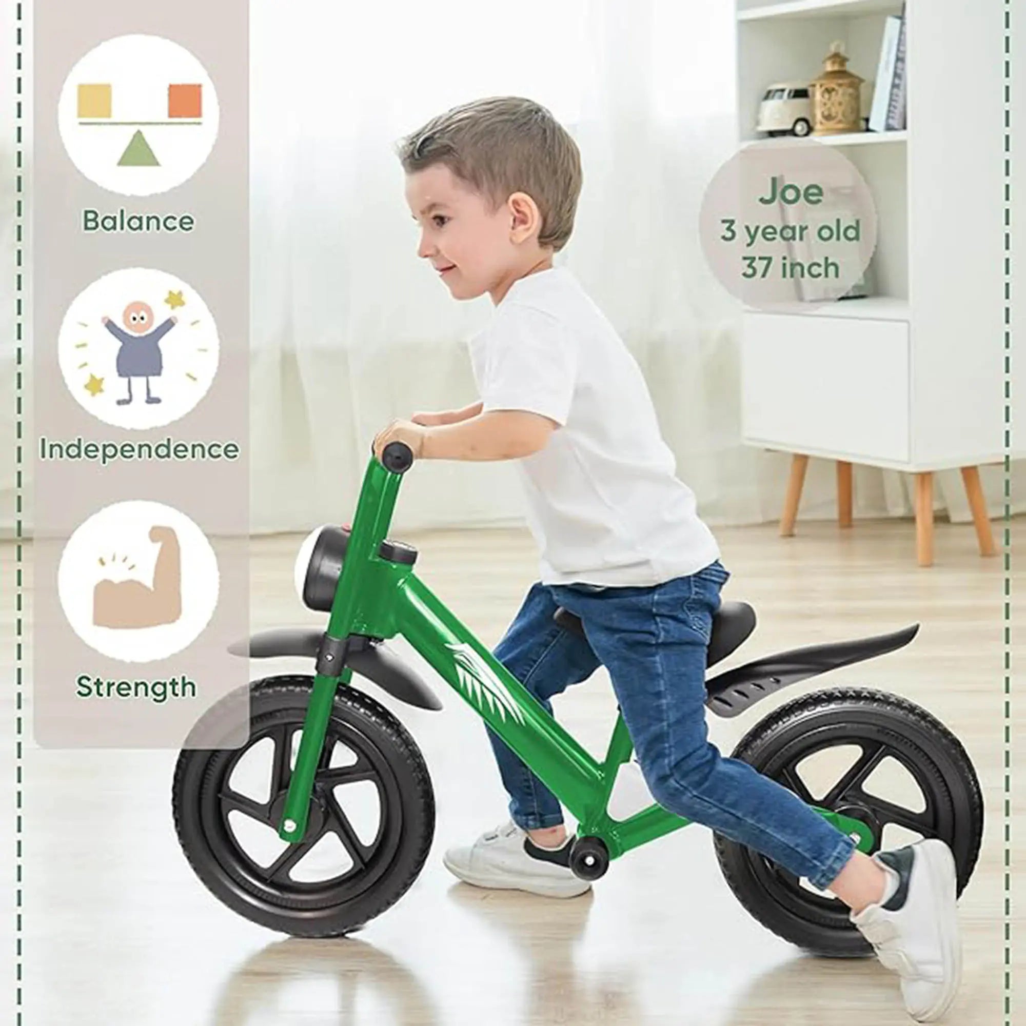 KRIDDO Toddler Balance Bike with Front Light and Adjustable Seat for 2 to 5 Years Old Green
