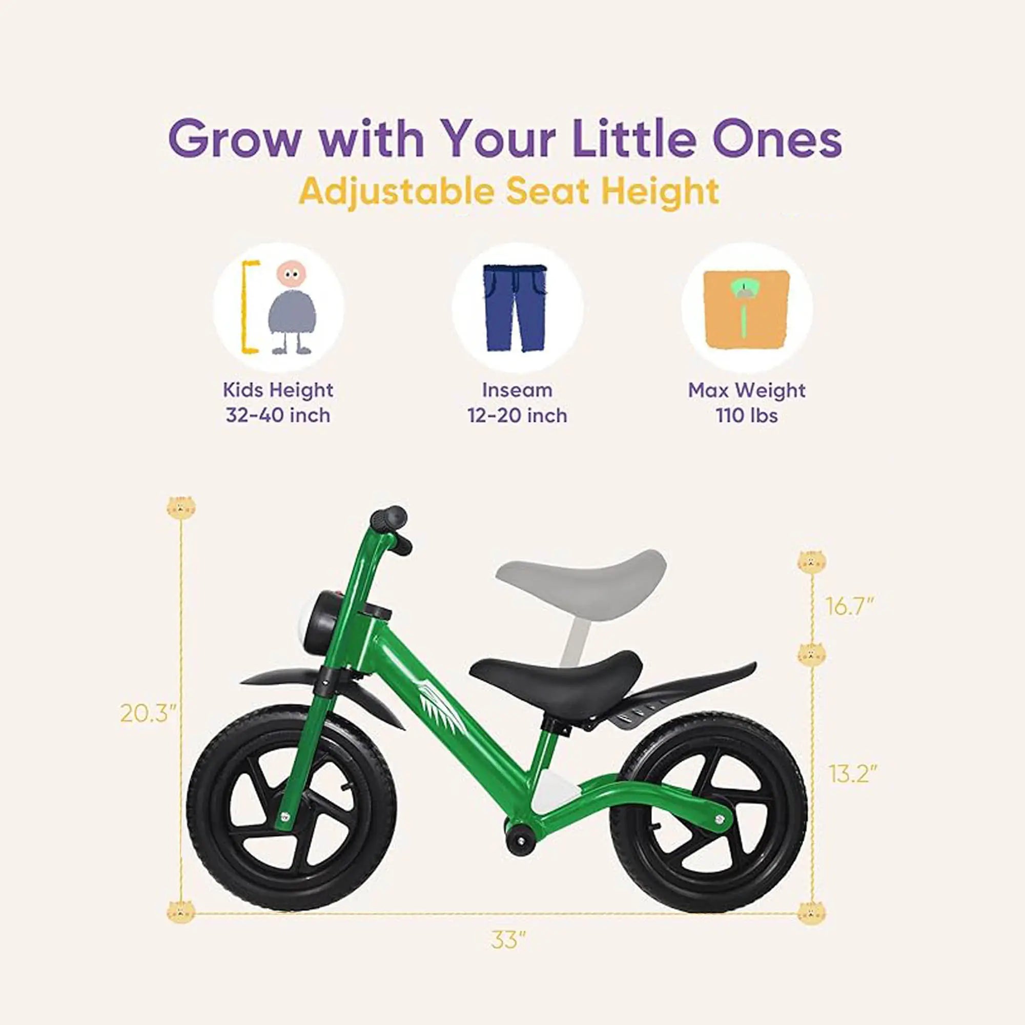 KRIDDO Toddler Balance Bike with Front Light and Adjustable Seat for 2 to 5 Years Old Green