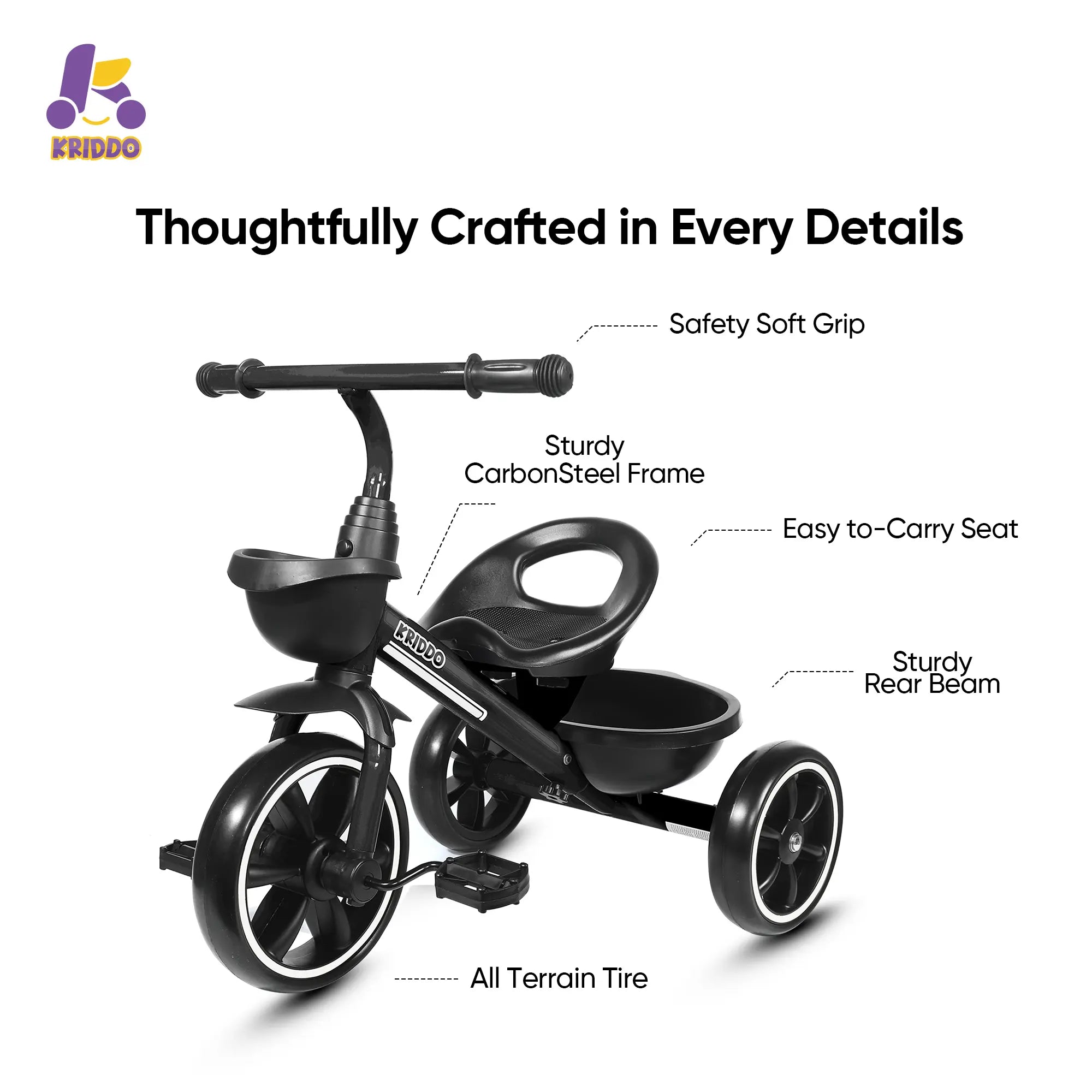 KRIDDO Kids Tricycle Easy-Assembly for 2 to 5 Years Old Black