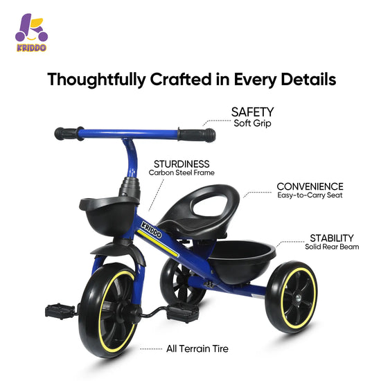 KRIDDO Kids Tricycle Easy-Assembly for 2 to 5 Years Old Blue