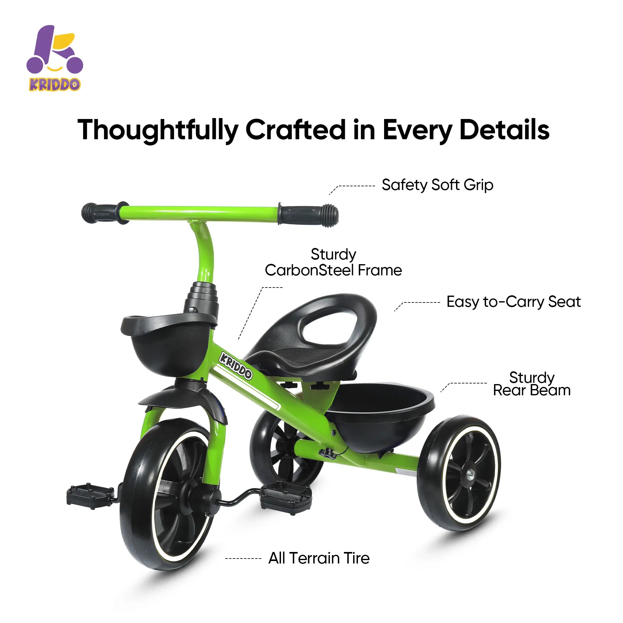 KRIDDO Kids Tricycle Easy-Assembly for 2 to 5 Years Old Green