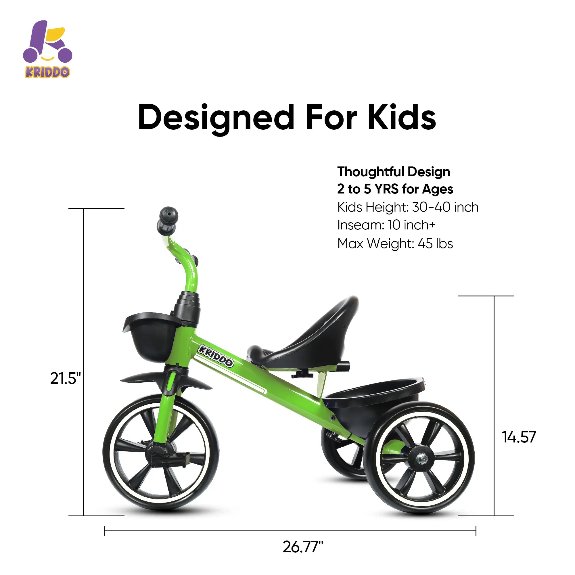 KRIDDO Kids Tricycle Easy-Assembly for 2 to 5 Years Old Green