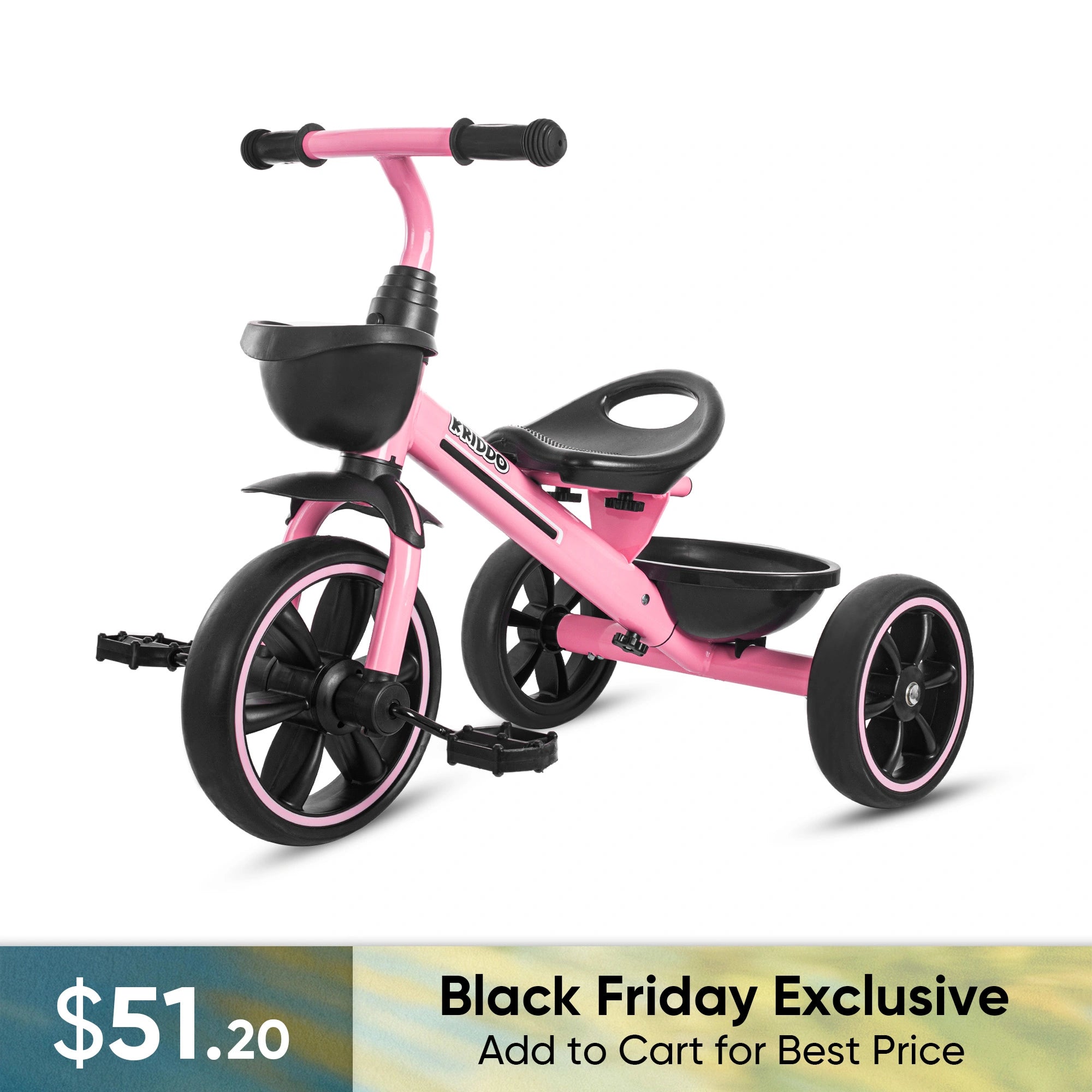 KRIDDO Kids Tricycle Easy-Assembly for 2 to 5 Years Old Pink
