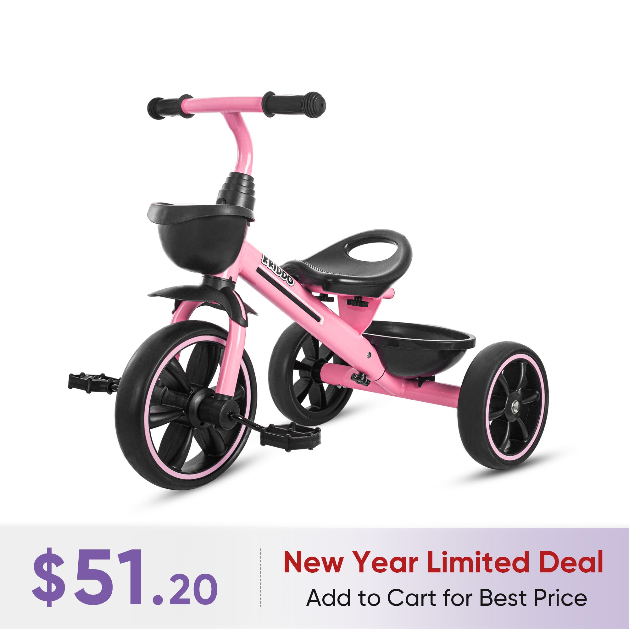 KRIDDO Kids Tricycle Easy-Assembly for 2 to 5 Years Old Pink