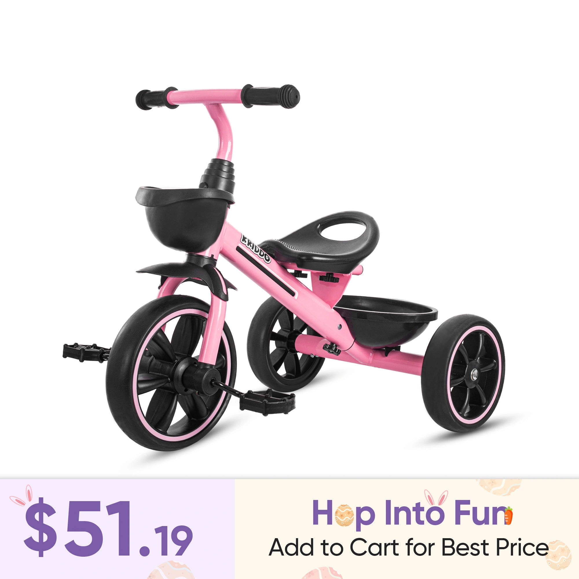 KRIDDO Kids Tricycle Easy-Assembly for 2 to 5 Years Old Pink