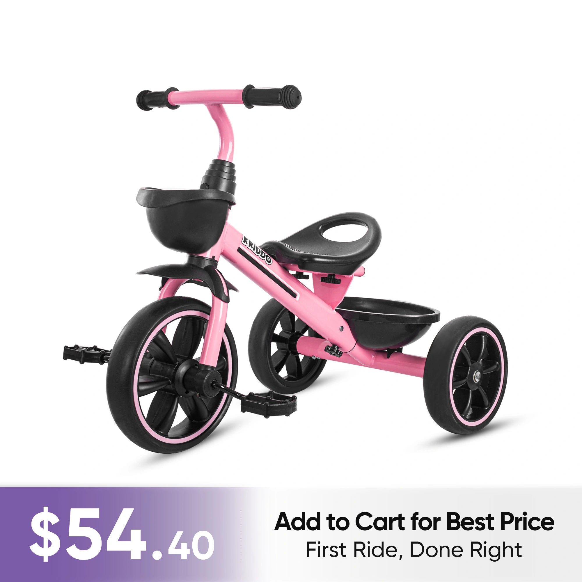 KRIDDO Kids Tricycle Easy-Assembly for 2 to 5 Years Old Pink