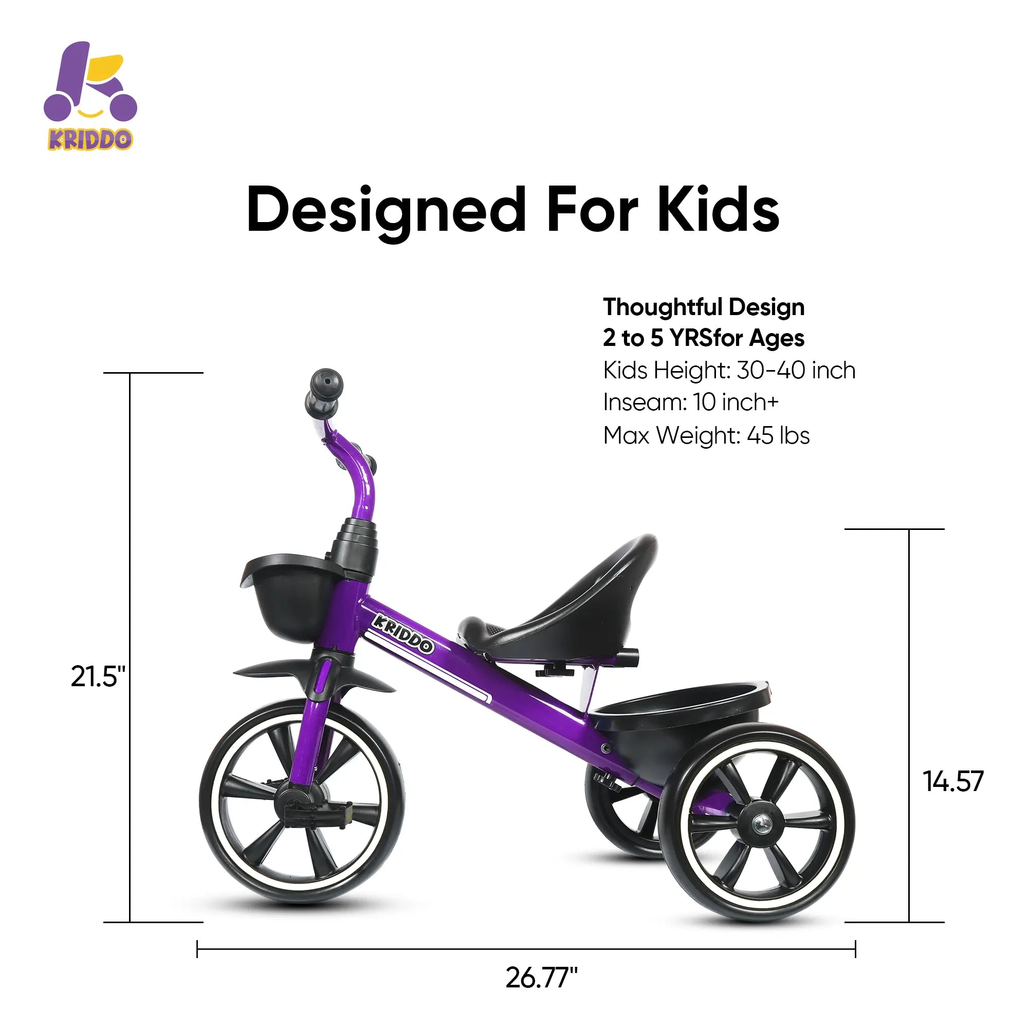 KRIDDO Kids Tricycle Easy-Assembly for 2 to 5 Years Old Purple