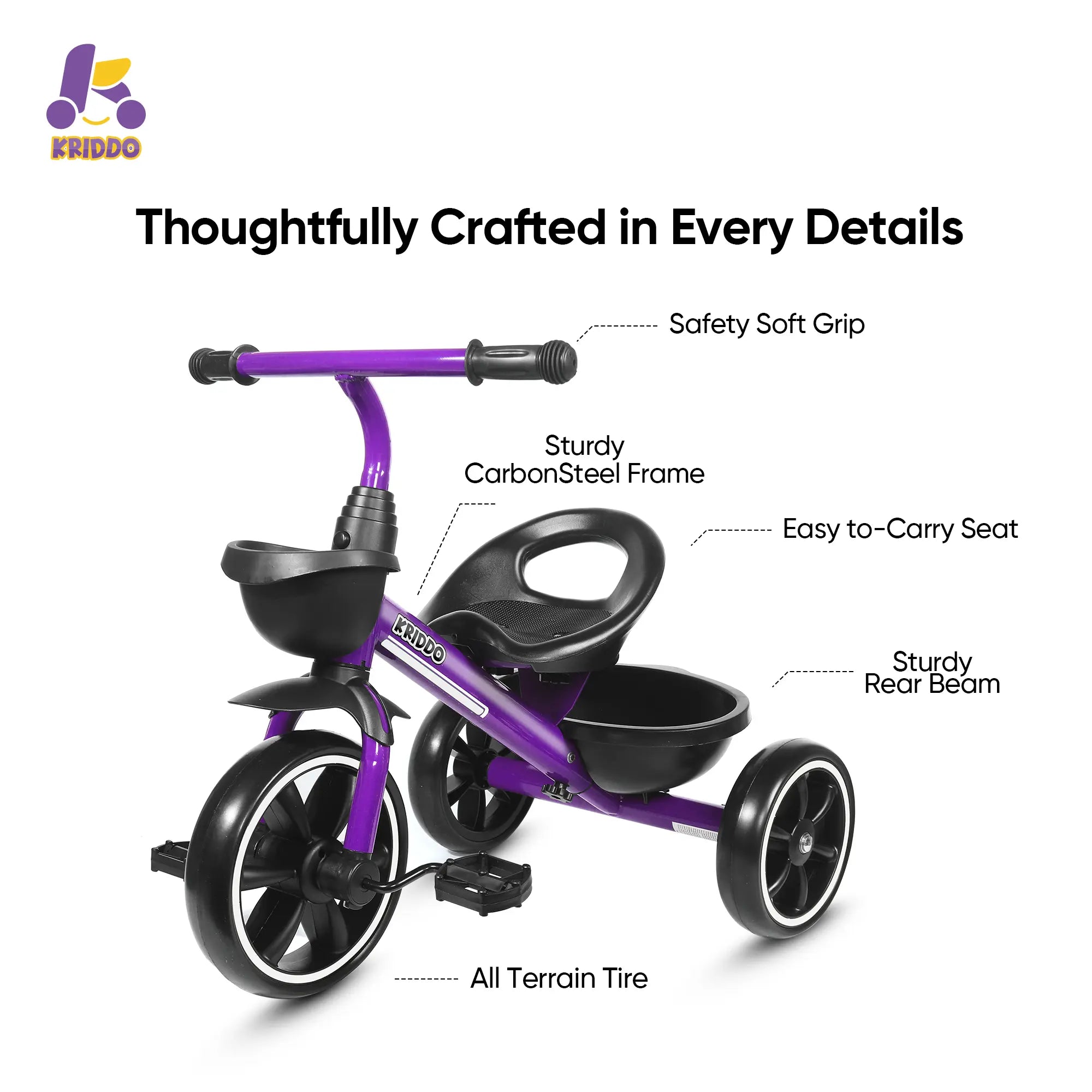 KRIDDO Kids Tricycle Easy-Assembly for 2 to 5 Years Old Purple