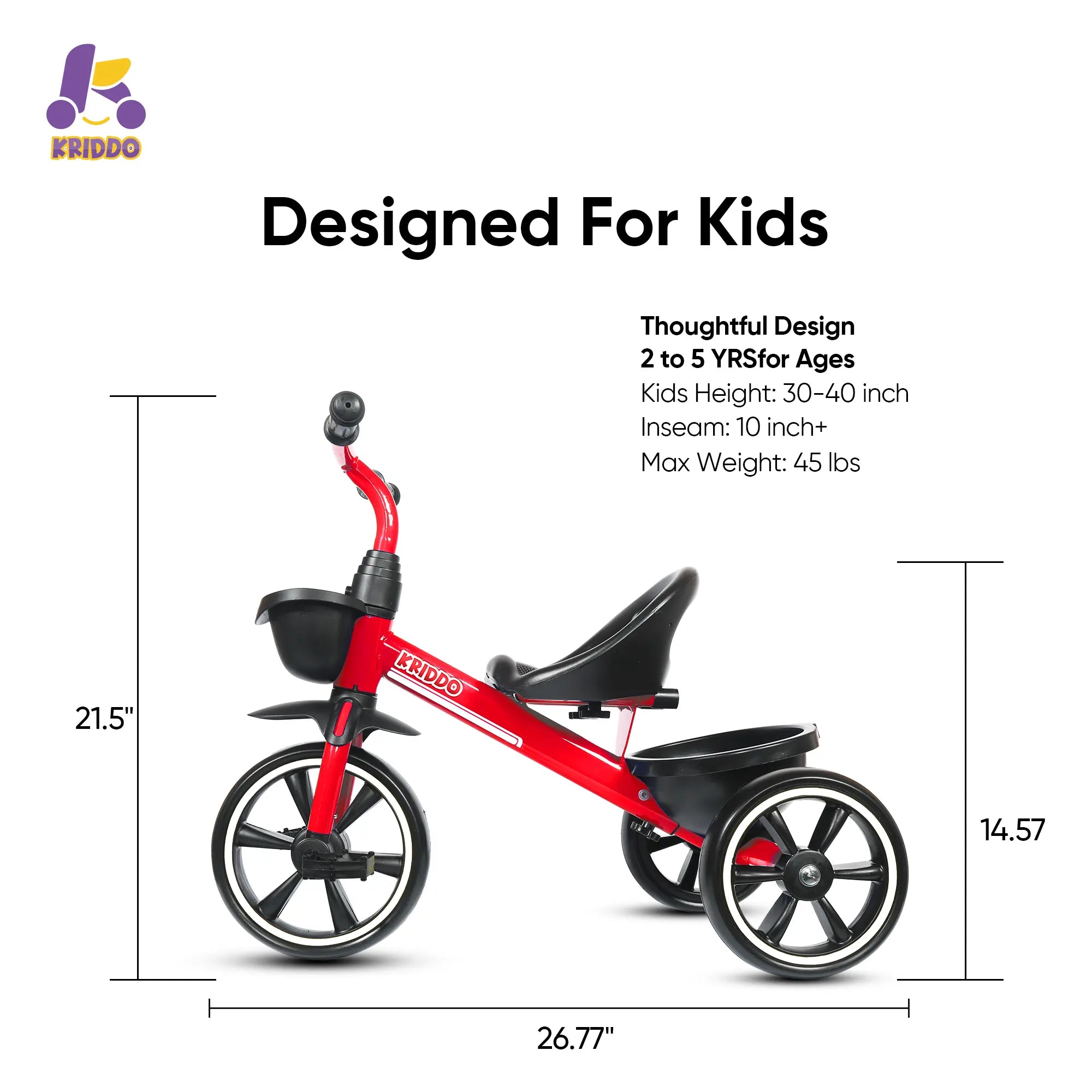 KRIDDO Kids Tricycle Easy-Assembly for 2 to 5 Years Old Red