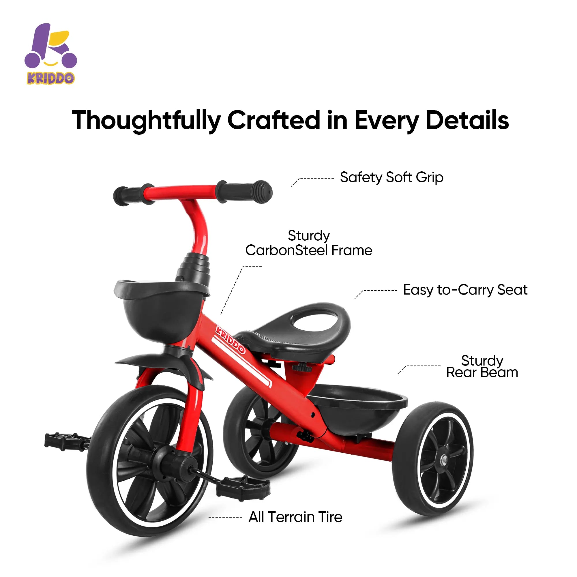 KRIDDO Kids Tricycle Easy-Assembly for 2 to 5 Years Old Red