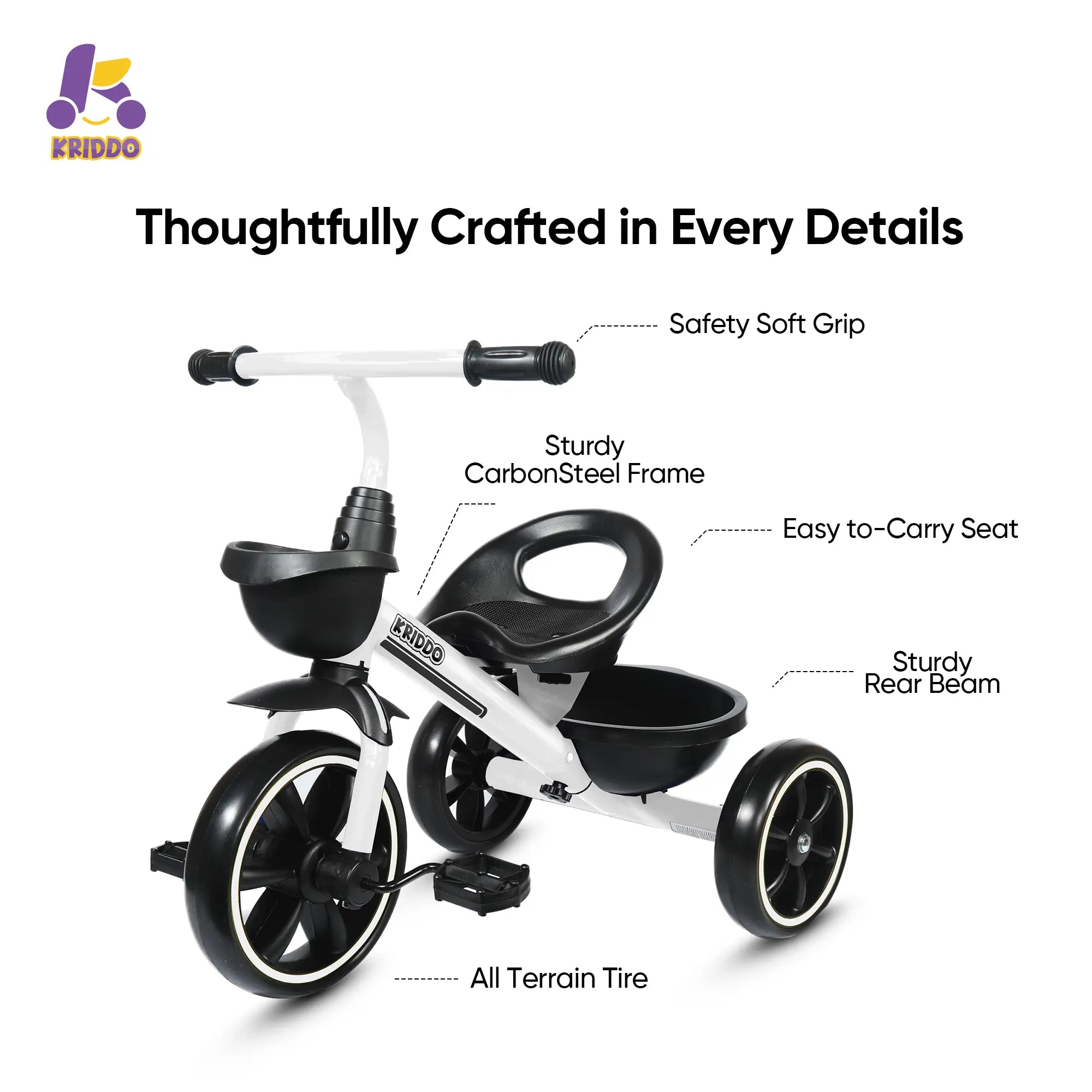 KRIDDO Kids Tricycle Easy-Assembly for 2 to 5 Years Old White