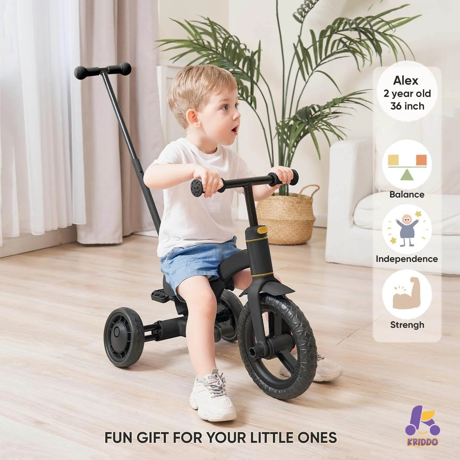 KRIDDO 4-in-1 Childrens Trike for 1.5 to 3 Years Old Black