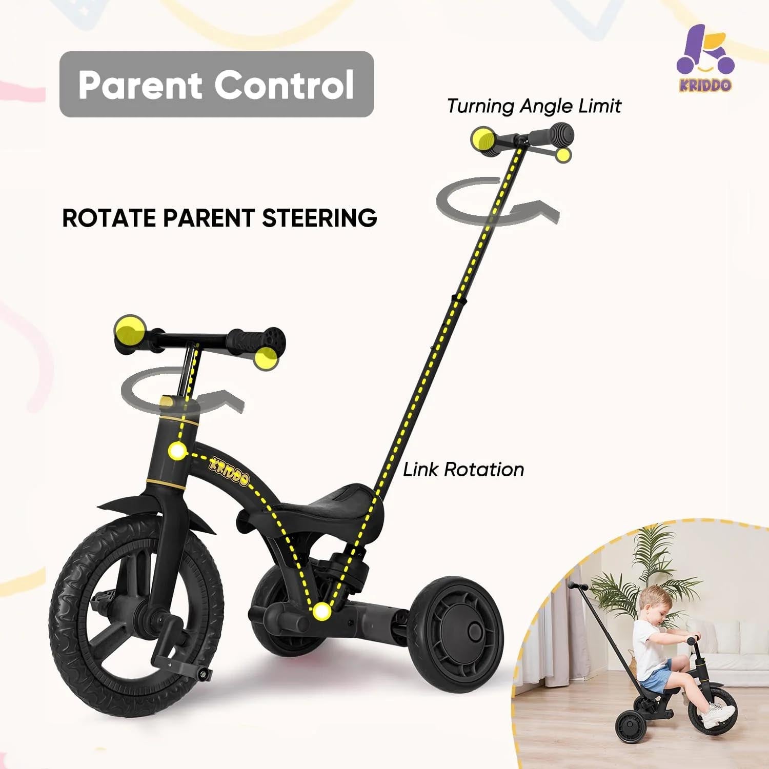 KRIDDO 4-in-1 Childrens Trike for 1.5 to 3 Years Old Black