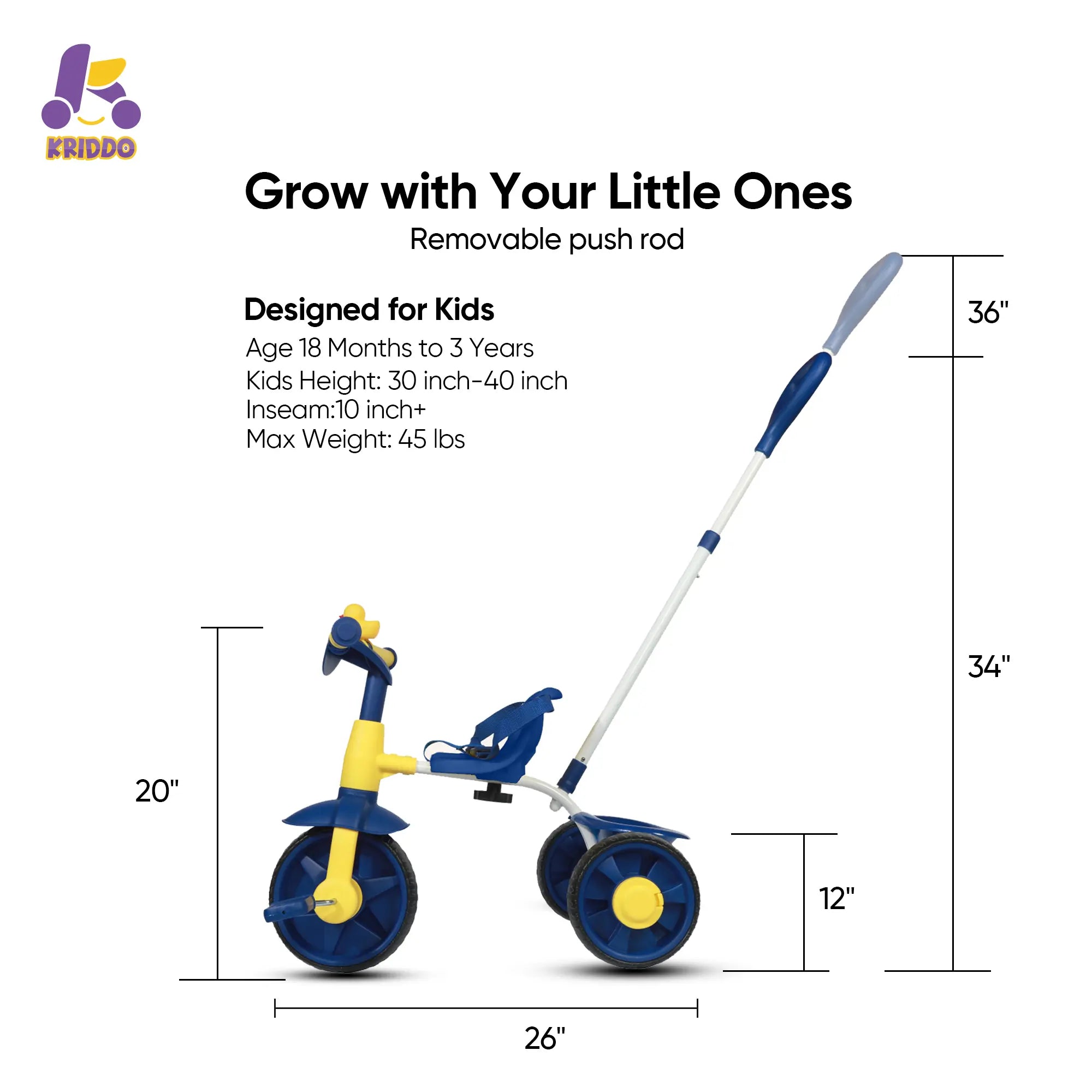 KRIDDO 2-in-1 Kids Push Trike for 18 months to 3 Years Old Blue