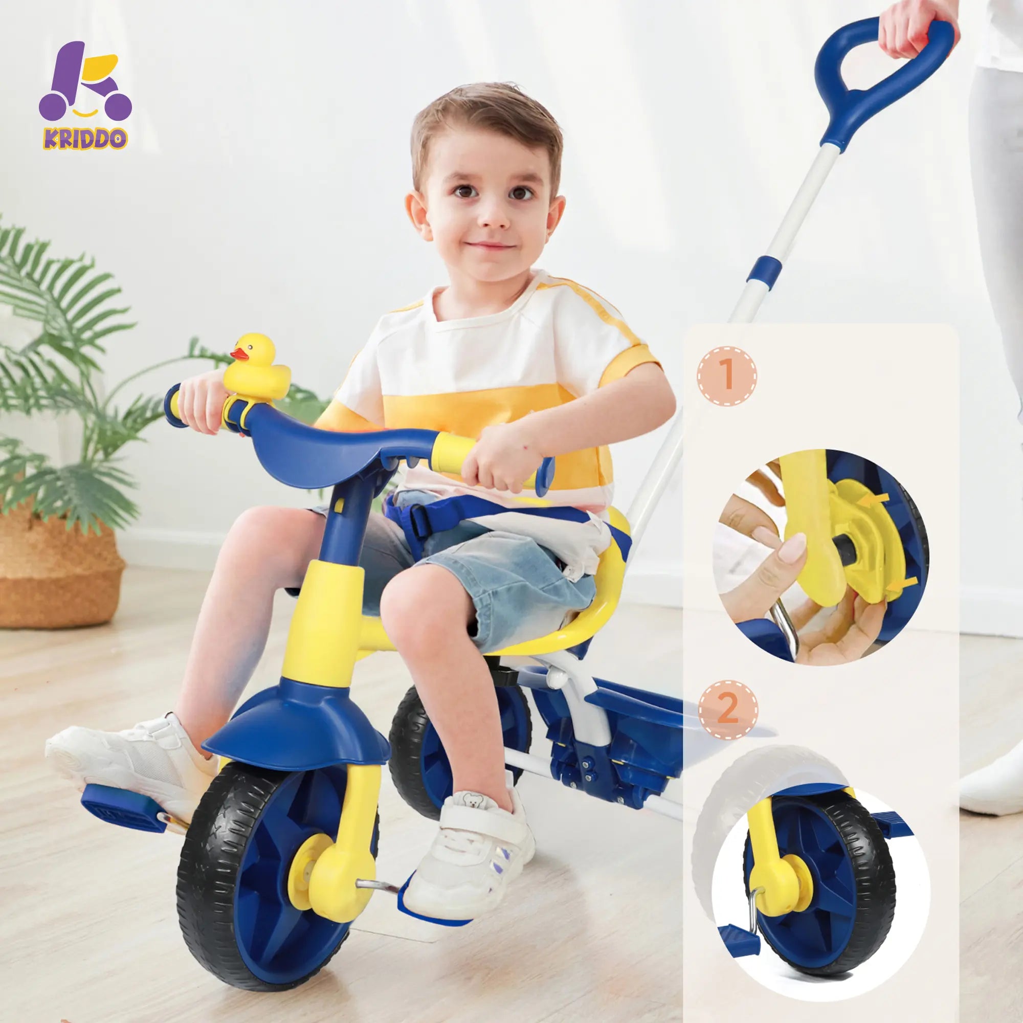 KRIDDO 2-in-1 Kids Push Trike for 18 months to 3 Years Old Blue