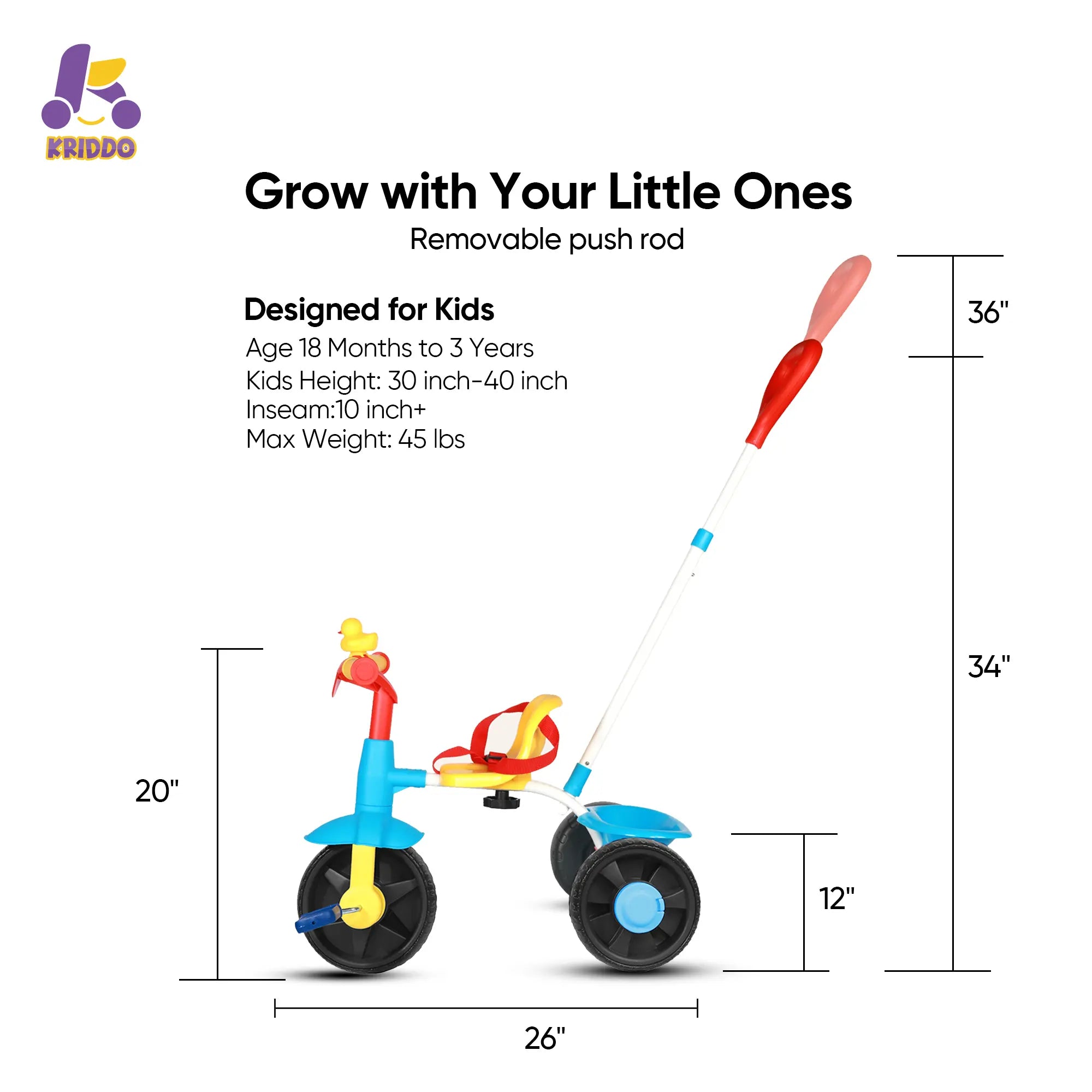 KRIDDO 2-in-1 Kids Push Trike for 18 months to 3 Years Old Red