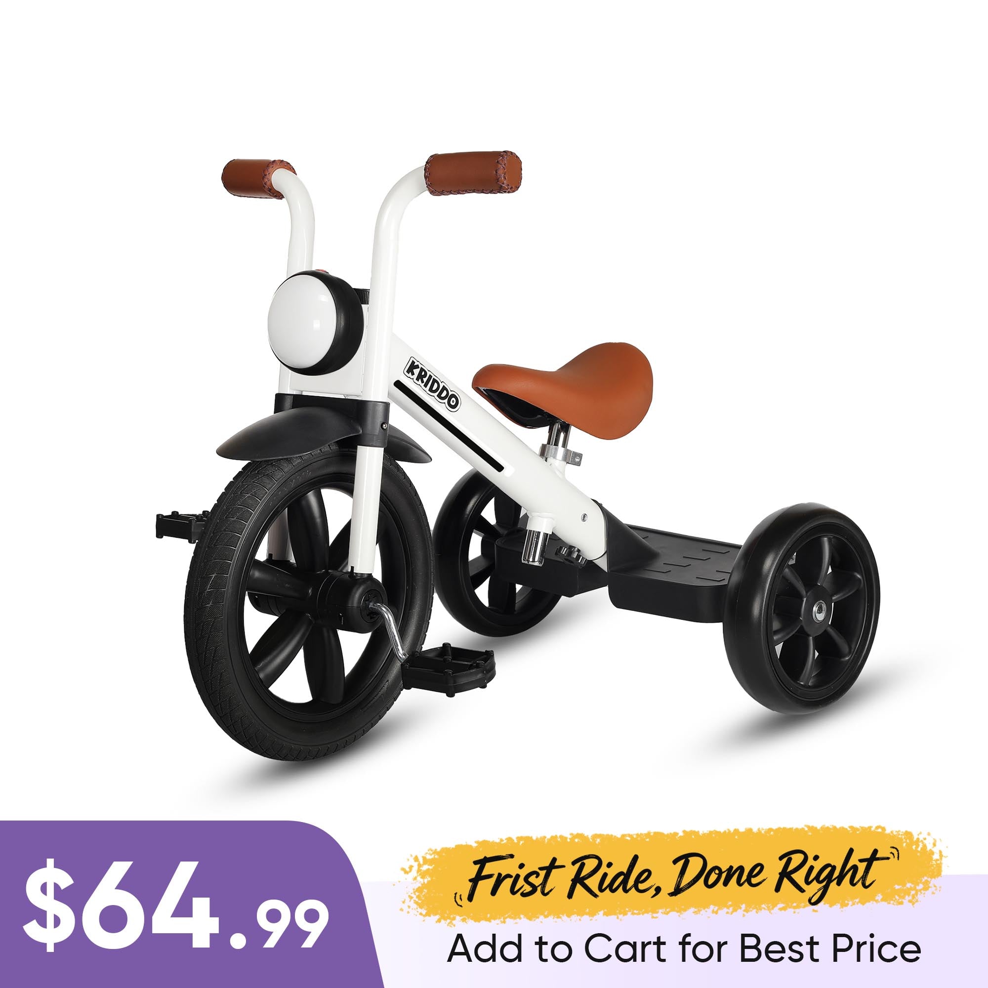 KRIDDO Kids Pedal Tricycle with Headlight for 2 to 5 Years Old White