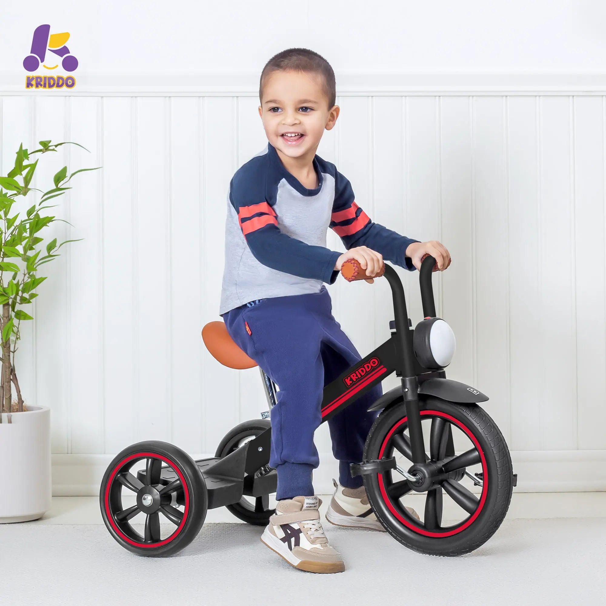KRIDDO Kids Tricycle with Headlight and Pedals for 2 to 5 Years Old Black