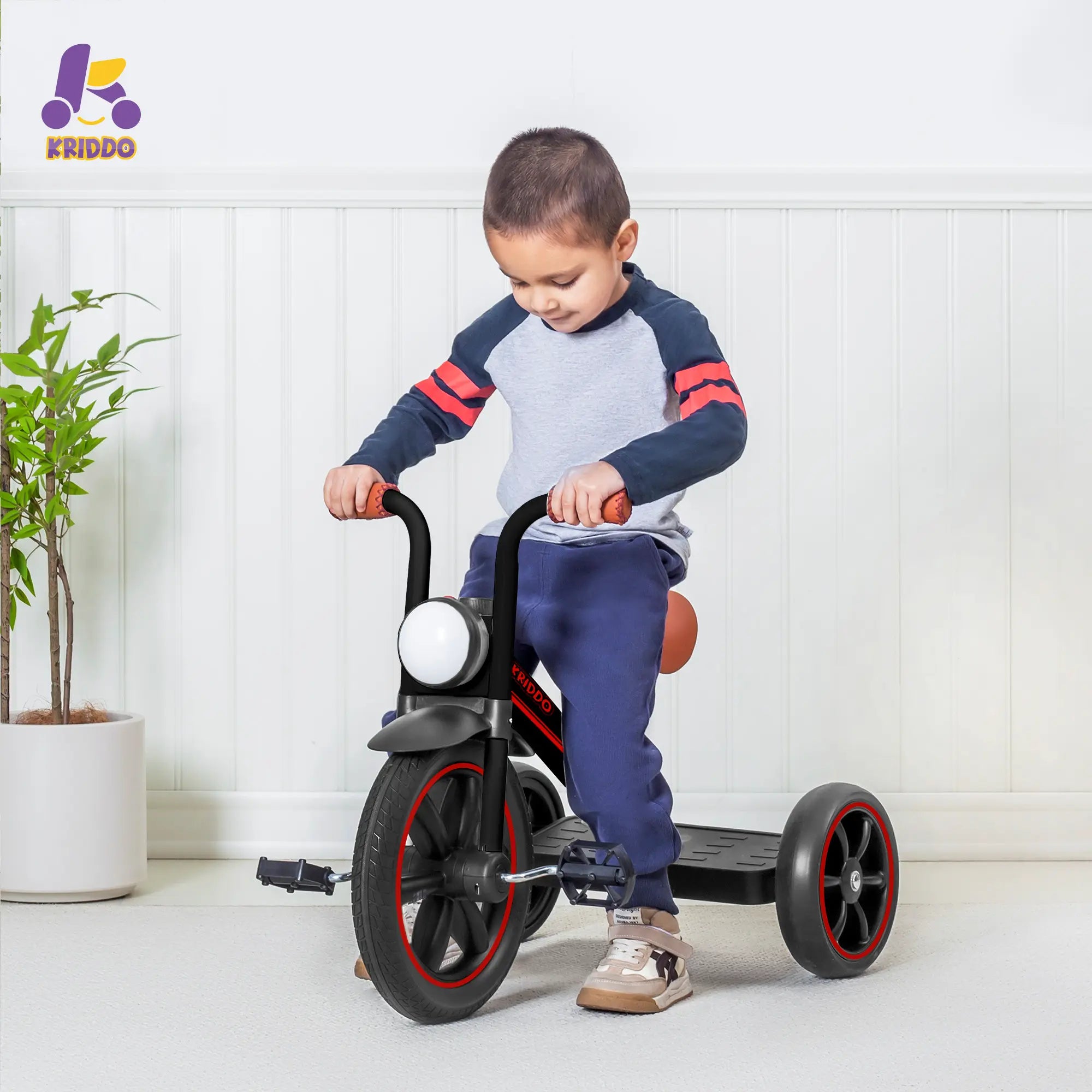 KRIDDO Kids Tricycle with Headlight and Pedals for 2 to 5 Years Old Black